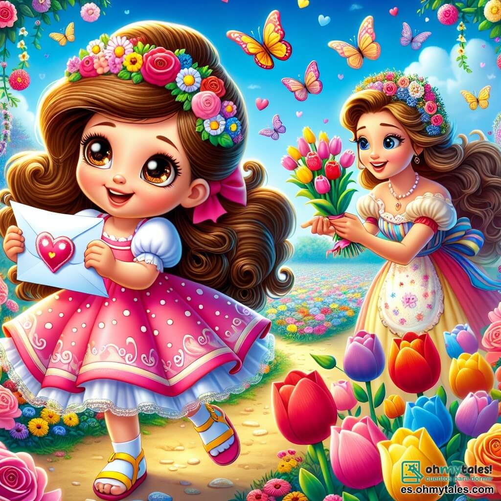 Una niña de 6 años, llamada Lucía, con grandes ojos marrones y cabello rizado, sonríe maravillada mientras sostiene una carta decorada con corazones brillantes. Lleva un vestido rosa con lunares blancos y sandalias amarillas, en un jardín encantado lleno de flores coloridas que bailan al viento. A su lado, una mujer sonriente, Rosa, la florista de unos 30 años, tiene el cabello largo y ondulado, adornado con una corona de flores. Está preparando un ramo de tulipanes brillantes, inclinándose ligeramente hacia Lucía con una mirada cálida. El jardín es un lugar mágico, con rosas cantantes, mariposas multicolores revoloteando y un cielo azul salpicado de nubes esponjosas. La escena principal muestra a Lucía entregando la carta a Rosa, un momento lleno de alegría y emoción, mientras las flores a su alrededor parecen vibrar de felicidad, creando una atmósfera encantada y festiva.