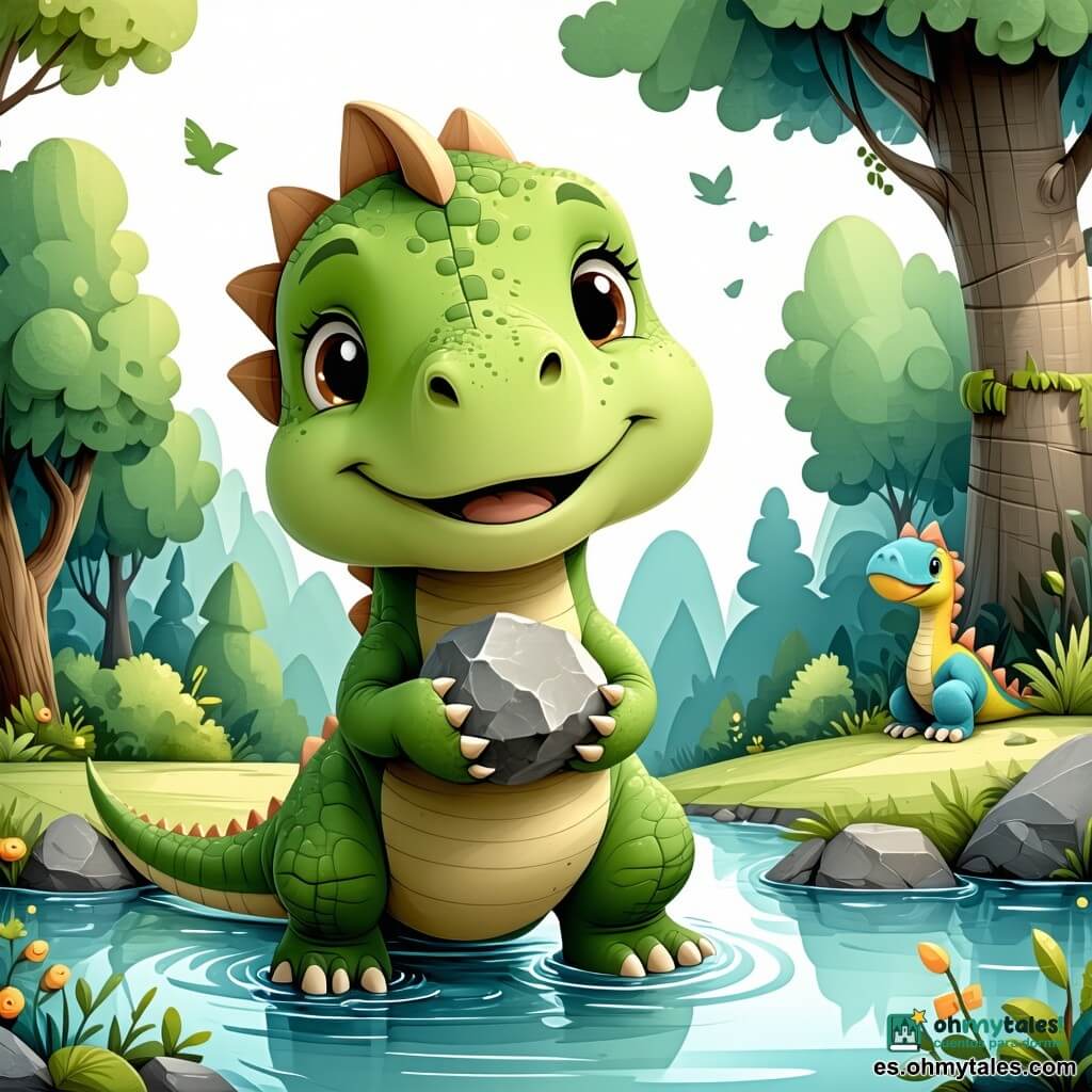 Un pequeño velociraptor redondeado color verde manzana con manchas claras, ojos muy grandes y brillantes y sonrisa dulce, sosteniendo una piedra lisa y brillante contra el pecho, a la izquierda; a la derecha, un triceratops rechoncho color marrón claro con cuernos cortos bebe en la orilla y mira la piedra con benevolencia; detrás, una diplodocus esbelta azul pastel de cuello muy largo empuja la piedra hacia la orilla con la cola; escena junto a un pequeño arroyo brillante de agua azul claro con reflejos dorados, riberas de hierba verde, hojas grandes y flores simples, colina suave y cielo amarillo pálido; situación: los tres reunidos en la orilla mientras la diplodocus empuja la piedra hacia el velociraptor y flotan pequeñas burbujas luminosas y un ligero halo de purpurina dorada; estilo gráfico: trazos gruesos y redondeados, colores planos y saturados, sombras muy suaves, ambiente cálido y juguetón.