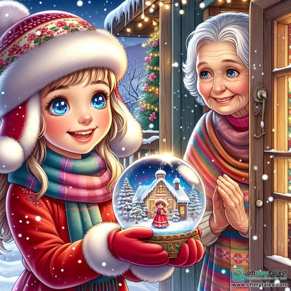 An 11-year-old girl named Lily stands center stage, with sparkling blue eyes and a bright smile. She wears a vibrant red coat, a wool hat, and matching gloves, holding a beautiful snow globe in her hands, captivated by its charm. Next to her is her grandmother, about 70 years old, with silver hair and gentle eyes, dressed in a colorful shawl. She looks at Lily with affection, a warm smile lighting up her face, standing by the door of their cottage, ready to welcome her granddaughter. The setting is a charming wooden cottage surrounded by a magical winter landscape, with snow covering the ground and trees, while twinkling lights decorate the Christmas tree visible through the window. Snowflakes gently fall from the sky, adding a touch of magic to the scene. The main moment shows Lily proudly presenting the snow globe to her grandmother, who is delighted by the gift. The atmosphere is filled with warmth and joy, symbolizing the spirit of Christmas and family love.