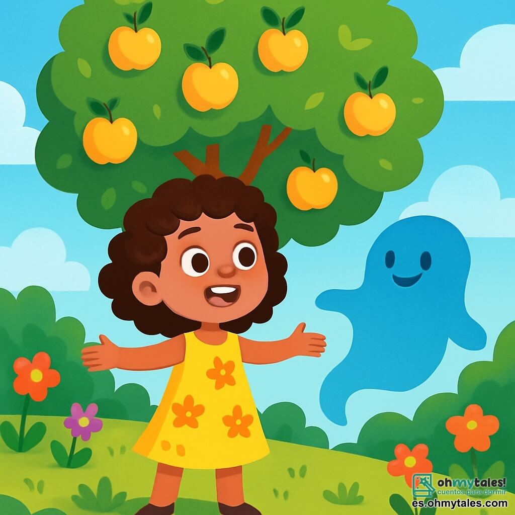 Una niña de 10 años, llamada Lucía, con cabello rizado y redondo, lleva un vestido amarillo brillante adornado con flores. Tiene ojos llenos de curiosidad y una sonrisa radiante, mientras se encuentra bajo un gran manzano, con los brazos abiertos, como si acogiera el viento. A su lado, la Duda, una sombra azul translúcida, flota ligeramente sobre el suelo, con una forma suave y ondulante, pareciendo animarla a explorar. El lugar es un jardín encantado, lleno de manzanos con frutos dorados y flores coloridas que bailan al ritmo de la brisa. El cielo es de un azul brillante, salpicado de nubes esponjosas, y el suelo está cubierto de hierba verde vibrante. La situación principal muestra a Lucía descubriendo a la Duda, una sombra misteriosa, que le revela que está allí para acompañarla en su viaje de preguntas y descubrimientos, creando un momento de asombro y aventura.