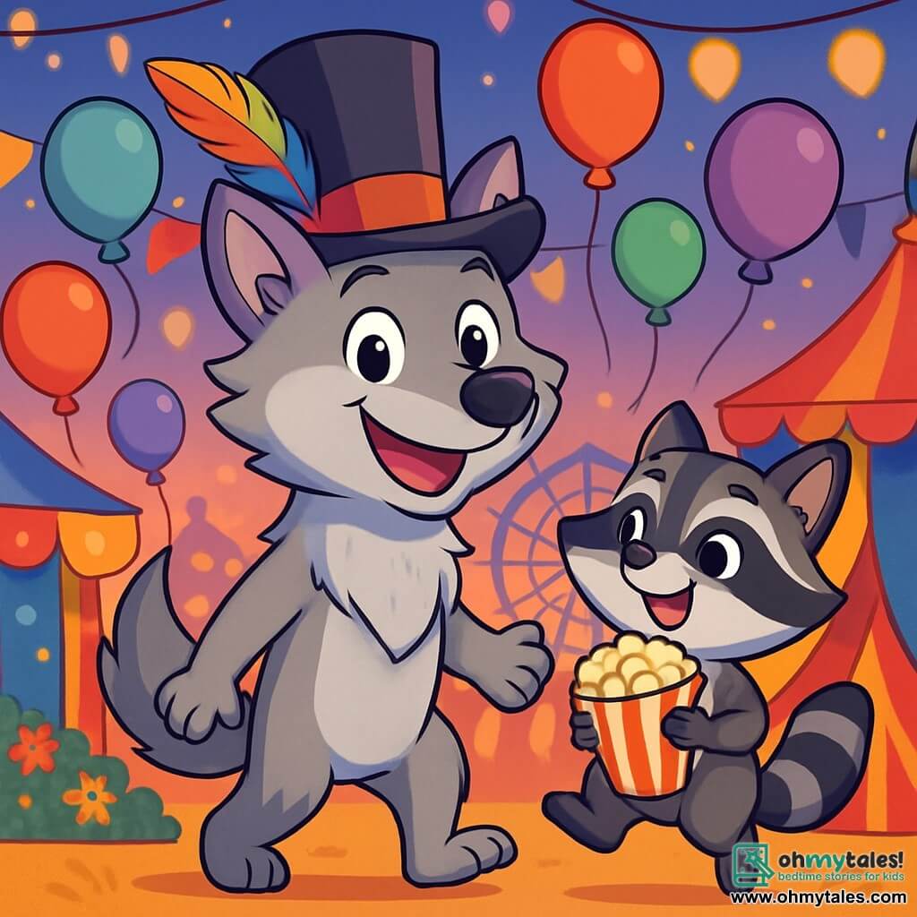 A young wolf named Ludo, with soft, silky light gray fur, stands at the center of the scene, his eyes sparkling with excitement and a big smile on his face. He wears a top hat adorned with a colorful feather, and balloons float around him, adding a touch of magic to his appearance. Beside him, a small raccoon named Pippa, with striped black and gray fur, has a mischievous smile as she holds a popcorn cone in her front paws. She joyfully jumps, her eyes sparkling with enthusiasm, ready to join the adventure. The setting is a vibrant carnival filled with twinkling lanterns and colorful stalls, with flower garlands and floating balloons in the air. In the background, a large illuminated Ferris wheel slowly turns, creating a festive and joyful atmosphere. Ludo and Pippa are preparing to enter the grand parade, surrounded by cheerful creatures and bright colors, ready to share their magic and happiness with all the carnival visitors.