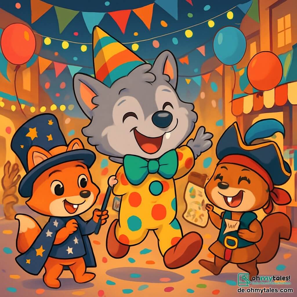 Ein kleiner Wolf namens Lupo mit silbrigem, glänzendem Fell trägt ein zu großes Clownskostüm und einen bunten Hut, der ihm über die Ohren fällt. Er hat ein großes, fröhliches Lächeln und funkelnde Augen, während er vor Freude auf der Feier hüpft. Neben ihm steht ein kleiner Fuchs namens Felix, der in einem glitzernden Zauberkostüm mit einem großen schwarzen Hut, der mit goldenen Sternen verziert ist, gekleidet ist. Er lächelt schelmisch, hält einen Zauberstab und macht magische Gesten. Ein wenig weiter lacht ein Eichhörnchen namens Nala, verkleidet als Pirat mit einem roten Stirnband und einem Federhut, während sie eine bunte Schatzkarte schwenkt. Die Kulisse ist eine belebte Karnevalstraße, gefüllt mit bunten Girlanden, schwebenden Ballons und Süßigkeitenständen. Helle Lichter erhellen die Szene, und kostümierte Tiere tanzen fröhlich um sie herum. Lupo, Felix und Nala feiern ihre Entdeckung eines versteckten Schatzes, umgeben von buntem Konfetti, lachend und Süßigkeiten mit anderen fröhlichen Tieren teilend.