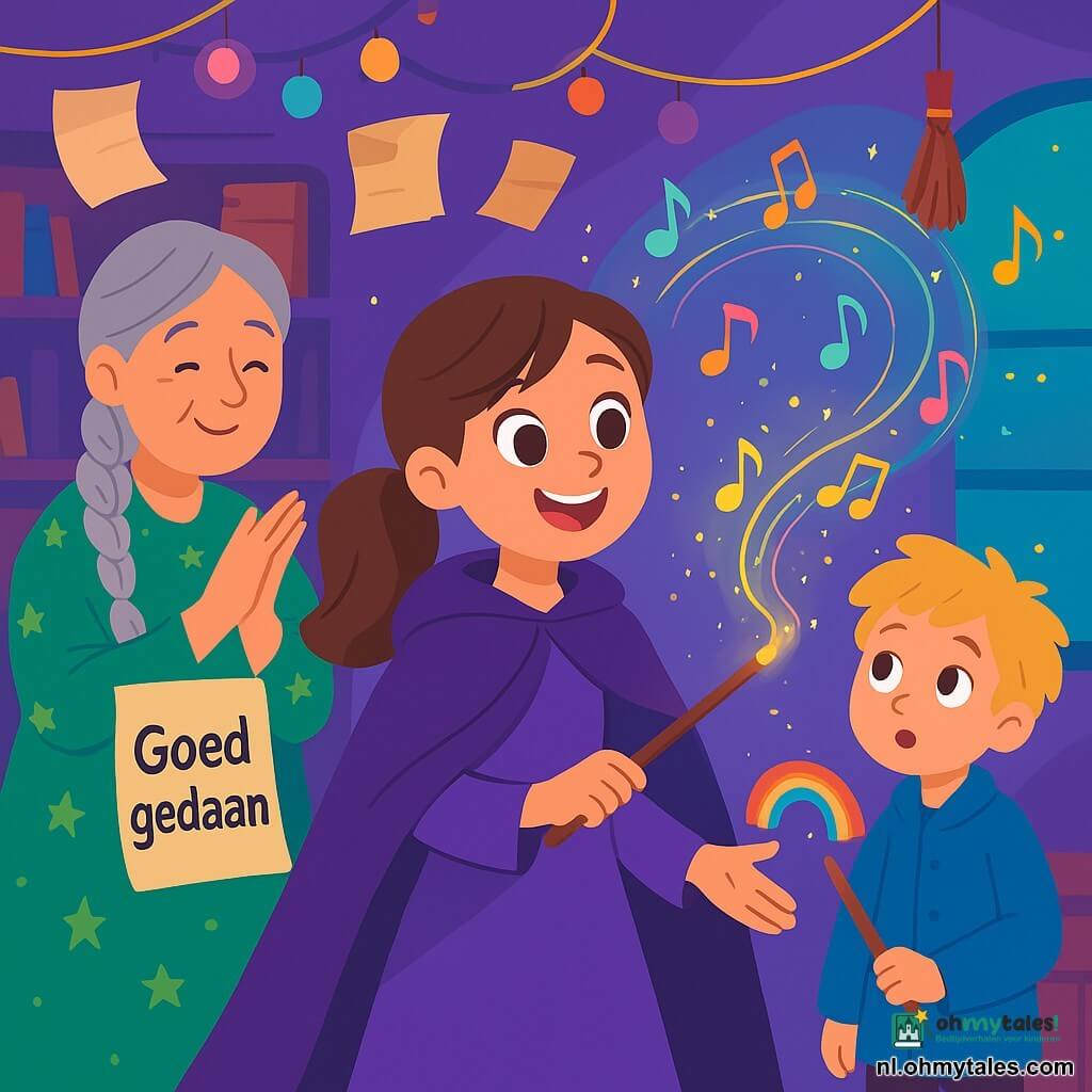 Madelief, een enthousiaste jonge leerlinge-heks met een glimlach, grote heldere ogen en bruin paardenstaartje, draagt een te grote paarse cape en houdt een glimmende houten toverstok waarmee ze een magische melodie zaait; kleurige muzikale noten als vuurvliegjes tuimelen om haar heen in een spiraal. Tante Tover, een vriendelijke mollige vrouw met grijs gevlochten haar en een groene jurk met sterren, staat links en klapt zachtjes terwijl ze een kaartje "Goed gedaan" vasthoudt. Bram, een nieuwsgierige opgeluchte jongen van ongeveer 8 jaar met warrig blond haar en een blauw jasje, staat rechts en bekijkt een klein regenboogje dat uit de stok verschijnt. Het tafereel speelt zich af in een magische binnenkiosk met gebogen houten planken, zwevende papieren en perkamenten, kleine bezems aan het plafond, slingers van noten en lampionnen; warme verlichting en een levendig kleurenpalet geven een vrolijke, beweeglijke sfeer met duidelijke vormen.