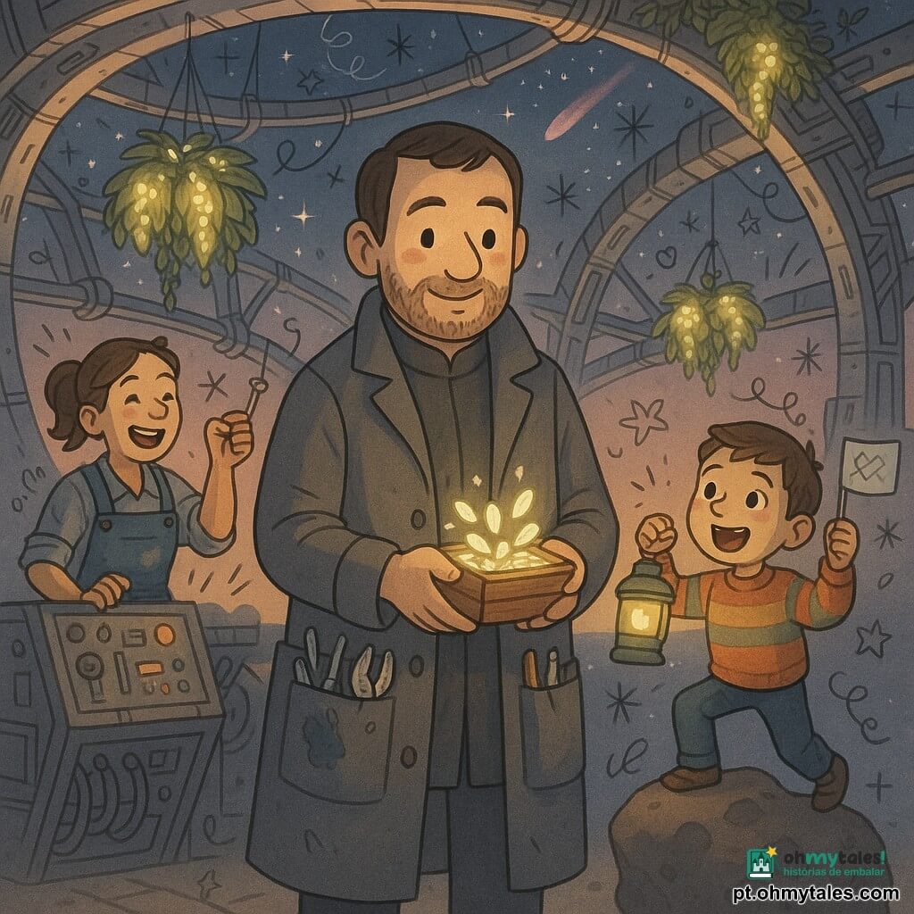 Miguel, calmo e sorridente, rosto redondo com barba leve e olhos atentos, veste um longo casaco cinza com bolsos cheios de ferramentas brilhantes e segura uma pequena caixa de sementes luminosas aberta; o menino Léo (≈8 anos), excitado e maravilhado, cabelo curto castanho e suéter colorido, segura uma lanterna verde acesa e acena com uma pequena bandeira desde a rampa do asteroide; uma técnica de ~30 anos, risonha, cabelo preso e macacão azul manchado de óleo, está ao lado de um painel de controle aberto apontando para uma manivela reparada; o local é um porto espacial geoestacionário em forma de anel com grandes estruturas metálicas brilhantes, jardins suspensos com plantas luminescentes em microgravidade, passarelas azuis, painéis luminosos e uma rampa para um pequeno asteroide rochoso; a cena: Miguel desce da sua pequena nave prateada na rampa trocando as sementes luminosas com Léo enquanto a técnica valida o corredor reparado, luz suave do crepúsculo espacial, estrelas e uma cometa rosa ao fundo, atmosfera quente e ordenada.