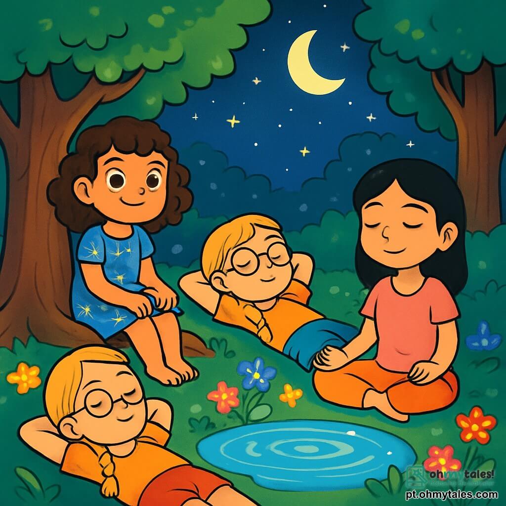 Há 3 personagens: - Clara: uma menina de 10 anos, com cabelos cacheados castanhos e olhos brilhantes. Ela usa um vestido azul com flores e está sentada em uma raiz de um grande carvalho, com as mãos sobre os joelhos. - Sofia: uma menina de 9 anos, com cabelos loiros trançados e óculos redondos. Ela está deitada na grama, com os braços atrás da cabeça, olhando para o céu estrelado. - Mariana: uma menina de 10 anos, com cabelos lisos pretos e um sorriso doce. Ela está sentada de pernas cruzadas, perto da fonte, com os olhos fechados, respirando profundamente. O local é uma clareira mágica, cercada por grandes árvores com troncos grossos e folhas verdes vibrantes. No centro, uma fonte de água cristalina brilha sob a luz das estrelas, e flores luminosas de cores vivas dançam ao redor, criando uma atmosfera pacífica e encantada. A cena principal mostra as três amigas relaxando juntas, respirando lentamente e se preparando para mergulhar em um sonho tranquilo, cercadas pela suavidade da noite e o murmúrio calmante da natureza.