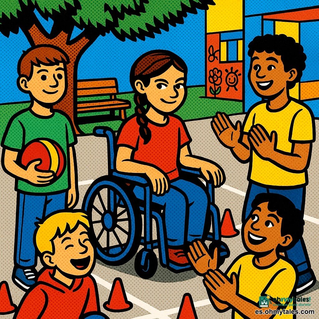Hay cuatro niños: Martín, ~11 años, piel clara, pelo castaño corto, camiseta verde y vaqueros, a la izquierda con una pelota y sonrisa serena; Inés, ~11, piel morena, trenza, en silla de ruedas azul al centro-derecha con la mano en el reposabrazos y mirada traviesa; Sami, ~12, piel oliva, pelo negro rizado, camiseta amarilla a la derecha marcando el ritmo con palmas y sujetando la pelota en la cadera; y Leo, ~12, piel clara, pelo rubio, sudadera roja, sentado en primer plano izquierdo riendo tras levantarse. Están en una escuela bajo un gran árbol, suelo de hormigón con líneas de baloncesto, cuatro conos naranjas formando un rectángulo y un banco a la sombra; ambiente luminoso y colores vivos. Juegan a pasar la pelota al ritmo de las palmas: dos palmadas rápidas y una lenta; los demás esperan sobre los "puentes" marcados por las líneas y cruzan el rectángulo en la pausa lenta; la escena muestra dinamismo, ayuda y paciencia.