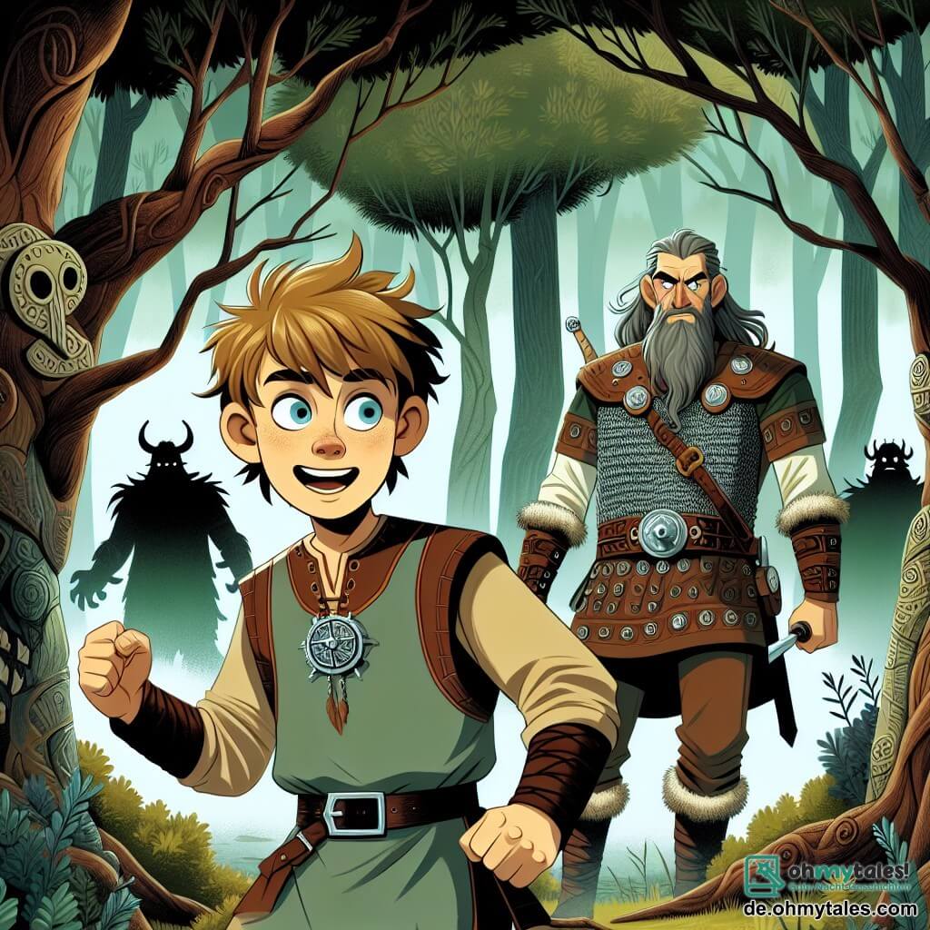 Im Zentrum des Bildes steht Ragnar, ein zwölfjähriger Junge, mutig mit leuchtenden Augen voller Aufregung und Entschlossenheit. Er hat zerzauste blonde Haare, trägt eine braune Ledertunika und eine Amulett in Form eines Wikingerschiffs um den Hals. Er hebt die Faust, bereit, dem Unbekannten entgegenzutreten. An seiner rechten Seite steht Ragnar Lodbrok, ein kräftiger Mann von etwa vierzig Jahren mit einem langen grauen Bart und Wikinger-Tattoos auf seinen Armen, der Ragnar stolz beobachtet. Er trägt eine mit nordischen Mustern verzierte Lederrüstung und hält ein Schwert in der Hand, bereit, seinen jungen Gefährten zu verteidigen. Im Hintergrund erstreckt sich ein dichter, geheimnisvoller Wald mit majestätischen, knorrigen Bäumen und leuchtend grünen Blättern. Bedrohliche Schatten zeichnen sich zwischen den Ästen ab und deuten auf eine bevorstehende Gefahr hin. Die Szene zeigt Ragnar und Lodbrok, die sich darauf vorbereiten, einem bedrohlichen Troll entgegenzutreten, der aus den Tiefen des Waldes mit einem erschreckenden Gebrüll auftaucht. Die Atmosphäre ist von Spannung und Abenteuer geprägt und fängt den heldenhaften Geist von Ragnars Quest ein.