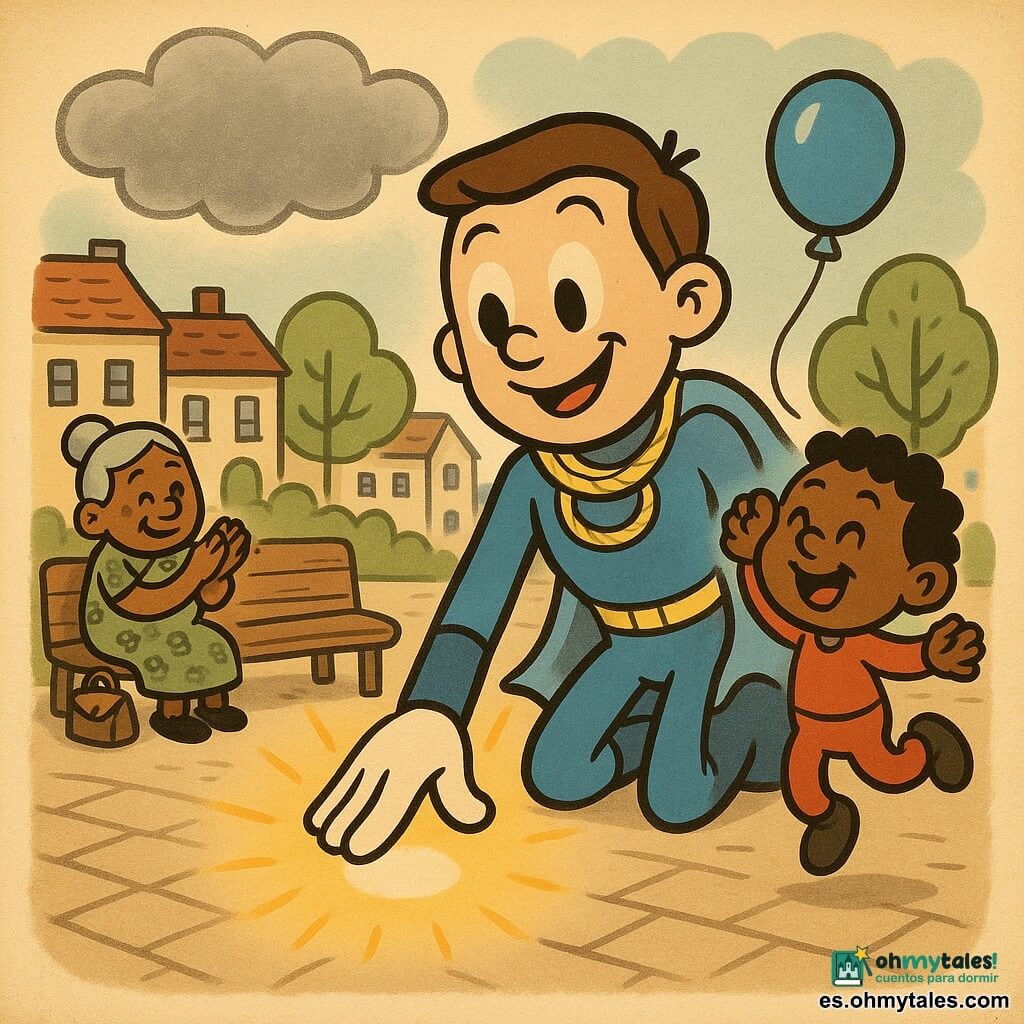 Un hombre héroe alto y sonriente, traje azul brillante, lazo dorado, capa ligera, piel clara, pelo corto castaño y ojos claros, toca el suelo con la palma abierta y de allí surge una luz cálida y redonda; un niño de unos 5 años, pelo rizado negro y ropa roja, sostiene un globo azul recuperado por el héroe, sonríe y salta de puntillas a la derecha del héroe; una mujer mayor de unos 60 años, pelo gris recogido en moño y vestido verde con flores, con un bolso pequeño, aplaude sentada en un banco al fondo a la izquierda; una nube gris suave y redondeada flota sobre la plaza y rayos de luz amarilla salen de la mano del héroe; la plaza adoquinada tiene bancos de madera marrón, casas pastel con macetas, árboles redondos de hojas verde claro y cielo azul claro; situación principal: el héroe ilumina la plaza con una esfera de luz cálida para ahuyentar la grisalla de la nube, ambiente dulce y reconfortante, colores pastel, formas redondeadas y expresiones alegres y serenas.