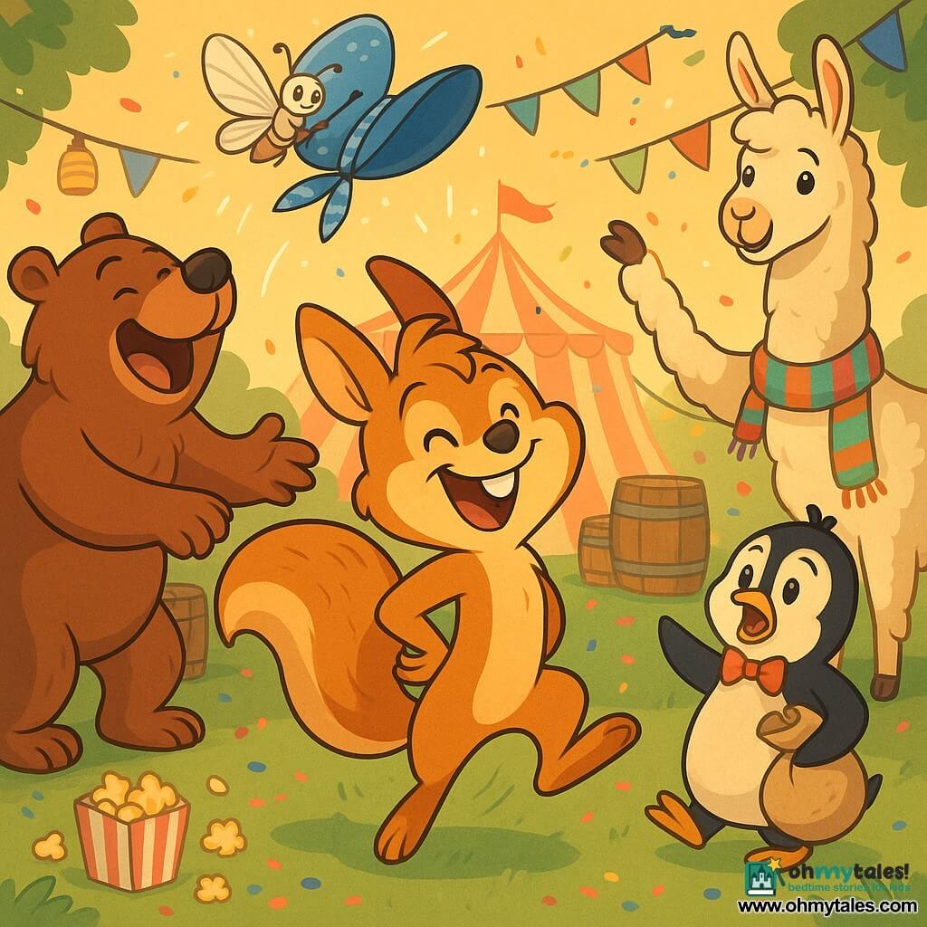 An anthropomorphic squirrel named Sunny, beaming with a wide smile, sugar-brown fur, a large fluffy tail and a blue polka-dot ribbon cap he’s grabbing behind his back while leaning on his tail, center stage in a dynamic pose; a big brown bear named Bruno in slippers with a wrist bell, roaring with laughter to Sunny’s left, reaching as if to toss the cap; a small black-and-white penguin named Pip with a red bow tie and an excited surprised look, balancing a beanbag on his belly to Sunny’s right; a tall cream llama named Lila with a long neck and a colorful knitted scarf, smiling and holding bunting above the group in the background right; a delicate pearlescent moth called Maestro Moth hovering above, conducting the scene with a twig baton; a circus training ground called Tumbly-Tent: a grassy circle edged with wooden barrels, colorful garlands and hanging lanterns, a red-and-white striped tent behind, popcorn and confetti on the ground, warm golden late-afternoon light; main action: the blue cap airborne in a joyful motion with motion lines and sparkles, happy expressions and a festive, cheerful mess.