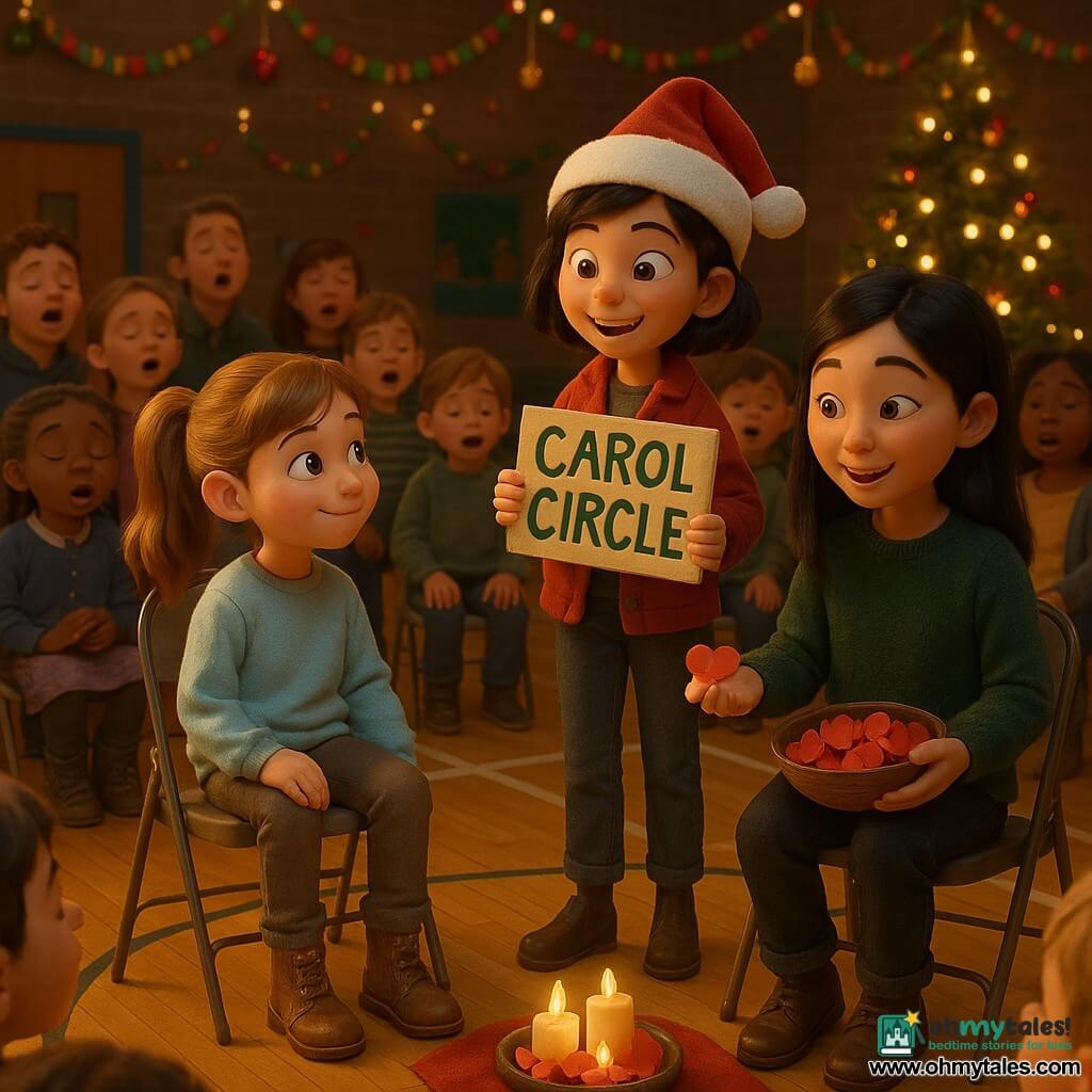 There are three characters: Mia, about 11, fair-skinned with light brown hair in a ponytail, wearing a pale blue sweatshirt and boots — she sits center on a folding chair, right foot tapping the beat; Zoe, about 11, olive-skinned with short black hair and two candy canes tucked behind her ear, wearing a red jacket and a slightly crooked Santa hat — she stands to Mia’s right, smiling and holding a small painted CAROL CIRCLE sign while encouraging the crowd; Hana, about 12, Asian with long straight black hair and a dark green sweater, holding a bowl of red origami hearts — she stands to Mia’s left, tapping her foot in sync and handing a heart to a child. The setting is a school gym decorated for Christmas: varnished hardwood floor with court lines, paper garlands and glittery baubles, a slightly tilted Christmas tree with warm LED lights, folding chairs in a circle and a small table with LED candles and a bowl of origami hearts at the center. Main scene: an improvised carol circle — a small smiling crowd of parents, children and a teacher gathered around the LED candles; Mia keeps the tempo, people softly sing “Silent Night,” faces warmed by soft light, creating an intimate, cozy, communal atmosphere.