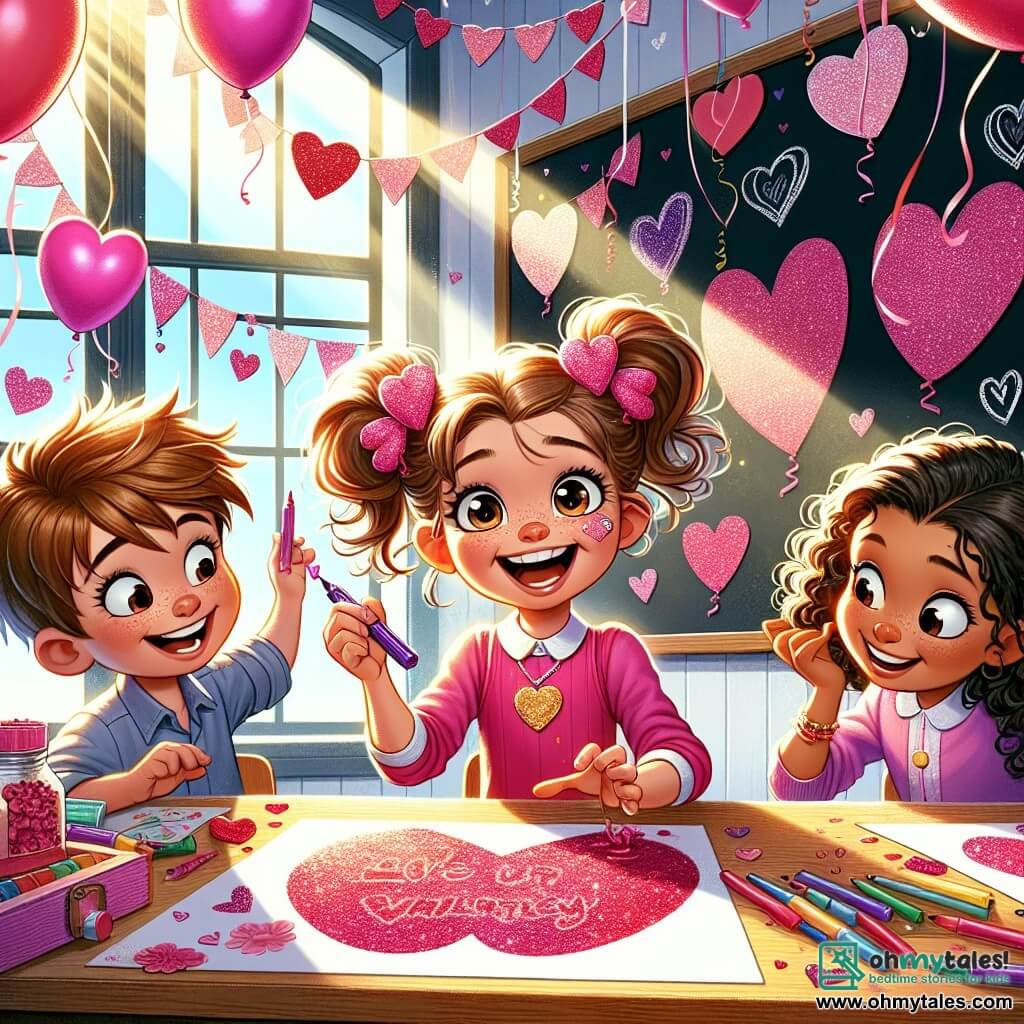 An 8-year-old girl, Rosie, with bouncy pigtails and heart-shaped clips, smiles joyfully, her eyes sparkling with excitement. She is sitting at a table surrounded by colorful papers, scissors, and glue, creating a huge Valentine's card. Next to her, an 8-year-old boy, Freddie, with messy brown hair and a slightly pink nose, laughs while holding a red marker, his hand covered in paint. Amira, an 8-year-old girl with curly hair and caramel skin, leans over to hand him a purple crayon, a big smile on her face. The scene takes place in a bright classroom decorated with pink balloons and paper hearts hanging from the ceiling, with sunlight streaming through the windows. Drawings of hearts and flowers are visible on the blackboard, adding to the festive atmosphere. Rosie, with a determined and joyful look, tries to glue glitter onto her giant card but ends up with her fingers stuck to the paper, causing laughter in the classroom.