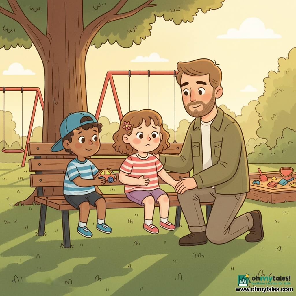 A 4-year-old girl with a round face and curly brown hair, slightly pale cheeks but bright eyes, looking worried then relieved, sits on a wooden bench holding her stomach with one hand and her father's hand with the other; a boy of about 4, Max, in a blue cap and striped T-shirt stands to the left, playfully smiling yet concerned and offering a plastic toy; the father, with a light beard and khaki jacket, kneels beside the bench with a gentle hand on her shoulder and a calm, comforting expression; bright park with grassy ground, large tree shadows, red swings and a sandbox with colorful shovels in the background, bench under a tree in soft late-afternoon light; tender comforting scene after a minor illness, warm pastel colors and simple rounded shapes.