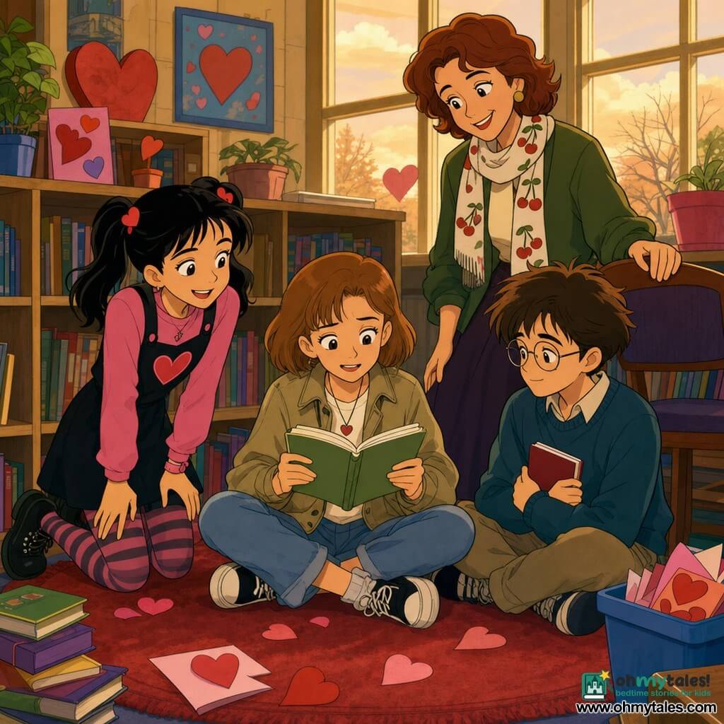 A radiant but slightly nervous 12-year-old girl, Mila, light chestnut bob, wearing a khaki jacket and holding a small green notebook, sits cross-legged on a round red heart-patterned library rug reading aloud; nearby a cheerful 12-year-old girl, Zara, with black pigtails and heart-shaped barrettes, stands or crouches smiling and encouraging Mila; a reserved yet calm 12-year-old boy, Rowan, with tousled brown hair and thin glasses, sits beside Mila holding a closed small red notebook to his chest; Ms. Dalloway, an adult teacher with a cherry-patterned scarf, stands slightly back with a hand on a chair; the bright school library corner has low light-wood shelves, high windows letting in soft late-afternoon light, paper hearts and cards scattered around, a warm Valentine's story circle about kindness, cozy colorful atmosphere, clean lines, saturated pastel palette, expressive 1990s cartoon-style.