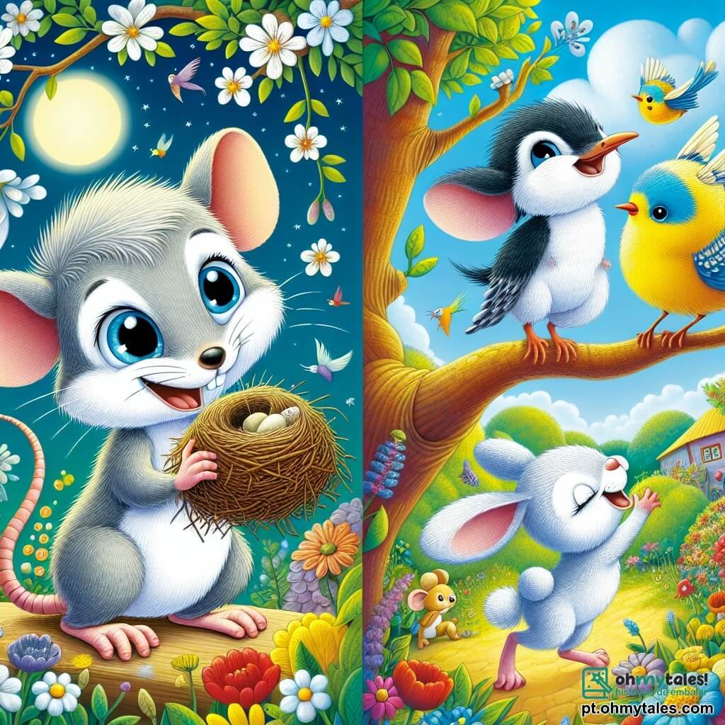 Um pequeno rato chamado Rato Risonho, com pelagem cinza macia e olhos brilhantes de travessura, está em um galho de árvore, sorrindo orgulhosamente após ter recuperado um ninho. Ao seu lado, uma coelhinha de grandes orelhas e pelagem branca, Coelhinha Saltitante, salta de alegria, com os olhos brilhando de excitação. Abaixo, um pequeno pássaro colorido, Pássaro Cantor, observa com gratidão, suas penas amarelas e azuis brilhando ao sol. O cenário é um jardim vibrante, cheio de flores multicoloridas que dançam ao vento, sob um céu azul radiante. A cena principal mostra Rato Risonho segurando o ninho com orgulho, enquanto seus amigos celebram juntos, ilustrando o espírito de amizade e aventura.