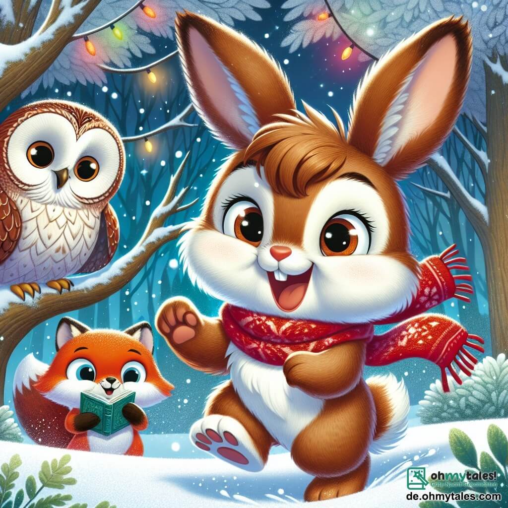 Ein kleiner Hase mit großen Ohren, braunem Fell und einem hübschen roten Schal springt fröhlich im Schnee, sein Gesicht strahlt vor Aufregung und Glück. In der Nähe sitzt eine weise Eule mit weißen und braunen Federn auf einem Ast und beobachtet den Hasen mit neugierigen, funkelnden Augen, während sie ein Märchenbuch in ihren Krallen hält. Ein schelmischer Fuchs mit leuchtend rotem Fell und einem buschigen Schwanz steht etwas weiter weg, lacht und winkt mit einer Pfote zur Begrüßung, sein Gesichtsausdruck ist voller Schalk und Freundschaft. Die Szene spielt in einem verzauberten Wald, wo sanft Schneeflocken von den majestätischen Bäumen fallen und einen weißen, funkelnden Teppich am Boden bilden. Im Hintergrund leuchten bunte Lichter durch die Bäume und verleihen der Atmosphäre einen magischen Touch. Der kleine Hase, voller Freude, entdeckt einen geheimen Weg, der zu einer wunderbaren Weihnachtsstadt führt, wo sich die tierischen Freunde versammeln, um gemeinsam zu feiern, Lachen und Süßigkeiten in festlicher und herzlicher Stimmung zu teilen.