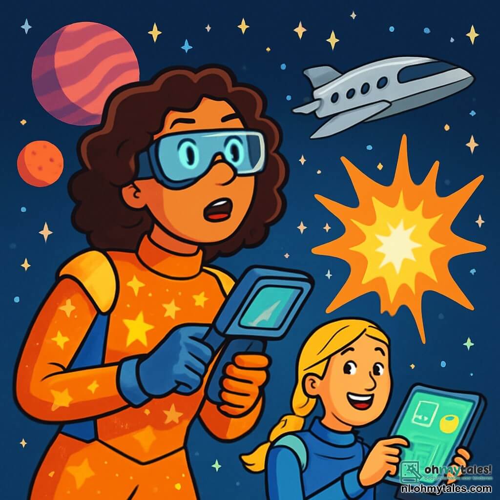 In het midden van de afbeelding staat Dr. Zara van der Meer, een vrouw van ongeveer dertig jaar met krullend kastanjebruin haar en futuristische brillen, met een uitdrukking van verwondering en vastberadenheid. Ze draagt een glanzend ruimtepak met sterrenmotieven en houdt een technologische scanner in haar handen, terwijl ze aandachtig een licht anomalie in de ruimte observeert. Naast haar staat Sara, een jonge vrouw van ongeveer 25 jaar met gevlochten blond haar en een enthousiaste glimlach, die aantekeningen maakt op een holografische tablet. Ook zij draagt een ruimtepak, maar met blauwe accenten, en staat iets op de achtergrond, kijkend naar Zara met bewondering. Op de achtergrond zweeft een zilveren ruimteschip in de uitgestrektheid van de ruimte, omringd door kleurrijke planeten en fonkelende sterren. De scène straalt een sfeer van verkenning en ontdekking uit, met lichtflitsen die uit de mysterieuze anomalie komen, wat een boeiend contrast vormt met de diepe zwartheid van het universum. De hoofdsetting toont Zara en Sara in volle onderzoek, gefascineerd door de schoonheid en het mysterie van de anomalie, wat de avontuurlijke geest en nieuwsgierigheid symboliseert die hen aandrijft om het onbekende te verkennen.