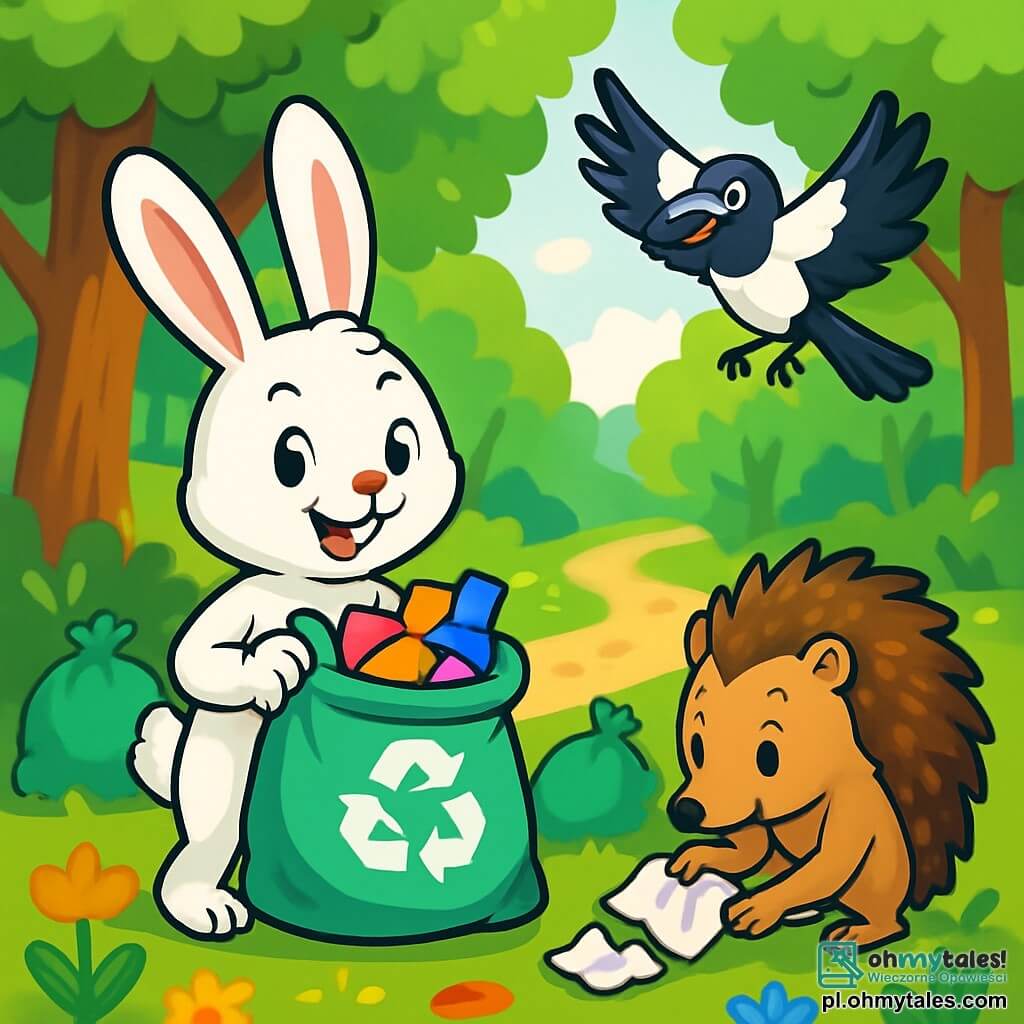 Młody królik o imieniu Bartek, z jasnobiałym futrem i dużymi prostymi uszami, wyraża radosną determinację na swojej twarzy. Trzyma torbę do recyklingu wypełnioną kolorowymi śmieciami, dumnie się uśmiechając. Obok niego jeż o imieniu Olek, z brązowymi kolcami i błyszczącymi oczami pełnymi ciekawości, zbiera papiery swoimi małymi łapkami, pokazując skupiony wyraz twarzy. Sroka o imieniu Zuzia, z lśniącym czarno-białym upierzeniem, lata nad nimi, entuzjastycznie dając instrukcje, z rozpostartymi skrzydłami. Sceneria znajduje się w zielonym lesie, gdzie promienie słońca przebijają się przez liście majestatycznych drzew, oświetlając ziemię usianą kolorowymi kwiatami i liśćmi. W oddali widać krętą ścieżkę przez drzewa. Scena pokazuje Bartka i jego przyjaciół w akcji, organizujących wielkie sprzątanie lasu, z torbami na śmieci wokół nich i uśmiechami na twarzach, ilustrując znaczenie dbania o przyrodę.