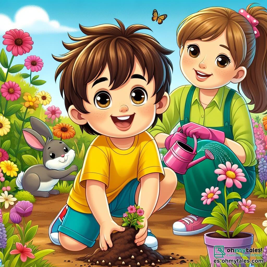 Un niño de 6 años, Miguel, con cabello castaño desordenado y ojos brillantes de curiosidad, está agachado en un jardín colorido, sonriendo de alegría mientras planta semillas de flores en la tierra. Lleva una camiseta amarilla brillante y un pantalón corto azul, con las manos llenas de tierra, mostrando su entusiasmo por la jardinería. A su lado, su mamá, una mujer de unos 30 años con cabello largo y castaño atado en una coleta, sonríe orgullosa sosteniendo un regador. Ella lleva una blusa de jardinería verde y guantes rosas, observando a su hijo con ternura. El jardín es un lugar mágico, lleno de flores vibrantes de todos los colores: rosas, amarillas y violetas, con mariposas volando alrededor y un pequeño conejito gris que los observa desde un arbusto, añadiendo vida a esta escena primaveral. La situación principal muestra a Miguel, concentrado y feliz, sembrando semillas en la tierra fértil, mientras su mamá lo anima y el pequeño conejito parece curioso por descubrir lo que está sucediendo.