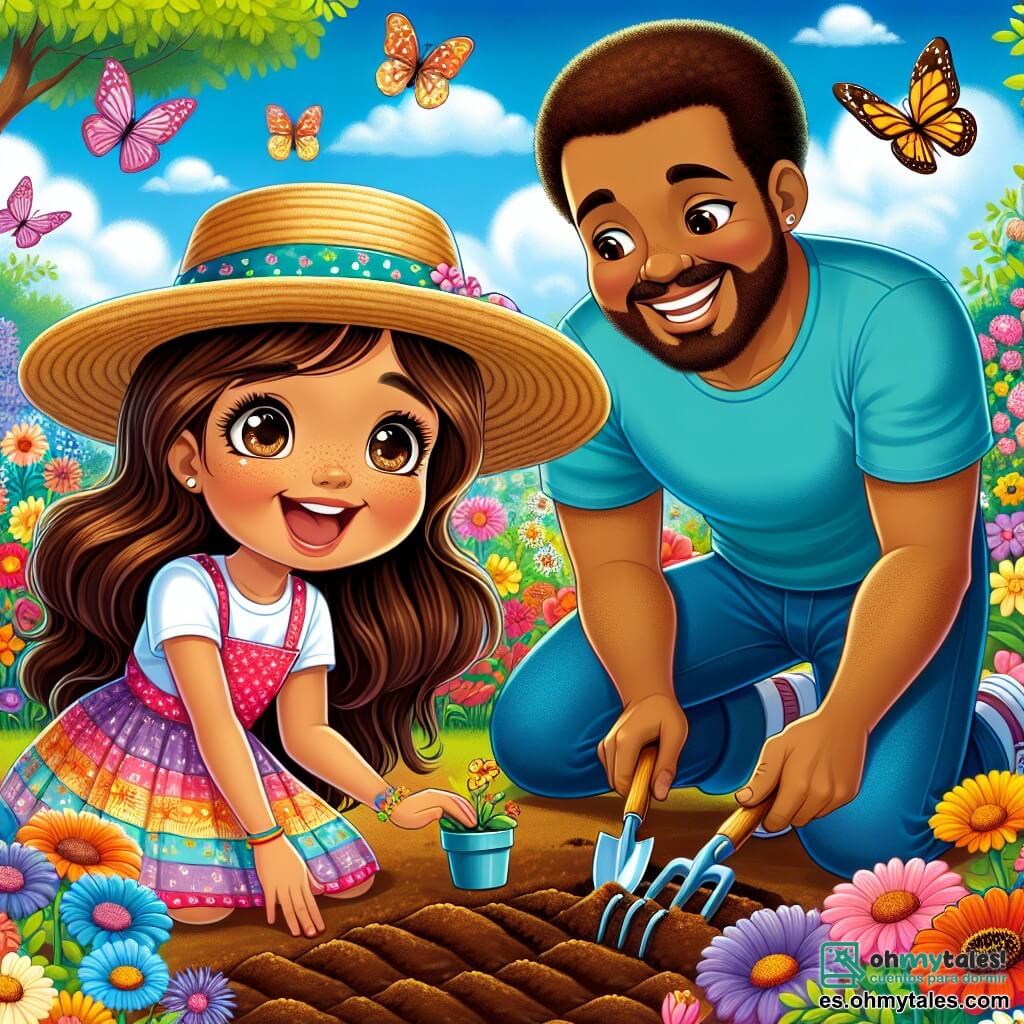 Una niña de 8 años, llamada Sofía, con largos cabellos castaños y ojos brillantes de curiosidad, está plantando semillas de flores en un jardín soleado. Lleva un bonito sombrero de paja y un vestido colorido, y su rostro irradia emoción y alegría. A su lado, su papá, un hombre de unos treinta años con una barba ligera y una sonrisa cálida, la ayuda a cavar agujeros en la tierra. Él viste una camiseta azul y pantalones de jardinería, inclinándose con atención hacia Sofía. El jardín es un lugar mágico, lleno de flores coloridas, mariposas revoloteando y árboles en flor. El cielo es de un azul brillante, salpicado de algunas nubes blancas y esponjosas, y el suelo es rico y fértil, listo para recibir las nuevas plantas. La escena principal muestra a Sofía y su papá trabajando juntos, con herramientas de jardinería a su alrededor, creando un momento de complicidad y felicidad en medio de la naturaleza primaveral.