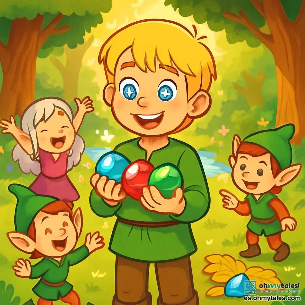 En el centro de la imagen, un niño llamado Björn, de unos 10 años, con cabello rubio y ojos brillantes como estrellas, sonríe con asombro. Lleva una túnica verde de lino y pantalones de cuero, y sostiene en sus manos tres piedras mágicas brillantes: una azul, una roja y una verde. A su lado, duendes alegres, de pequeña estatura, con orejas puntiagudas y vestidos coloridos, bailan a su alrededor. Uno de ellos, una niña duende con cabello plateado, levanta los brazos al aire, mientras que otro, un niño duende con cabello castaño, señala una piedra escondida bajo hojas doradas. El lugar es un claro encantado, rodeado de grandes árboles con troncos gruesos y follaje exuberante, con rayos de sol filtrándose a través de las ramas, iluminando la escena con una luz dorada. Al fondo, una fuente de agua brillante, rodeada de flores coloridas, añade un toque de magia al entorno. La situación principal muestra a Björn, rodeado de sus nuevos amigos duendes, celebrando su victoria tras haber encontrado las tres piedras mágicas, con expresiones de alegría y emoción en sus rostros.