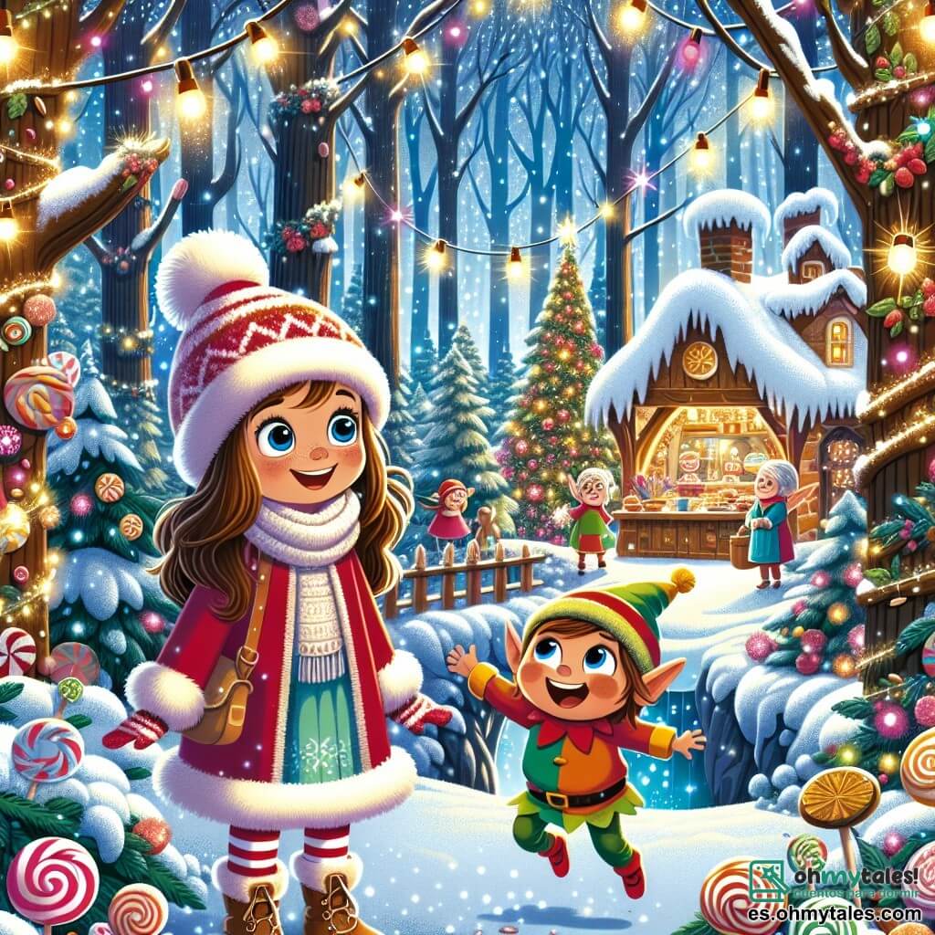 Una niña de 11 años, Clara, con largos cabellos castaños y ojos llenos de curiosidad, se encuentra en el centro de la escena. Lleva un abrigo rojo brillante, un gorro de lana blanco y guantes a rayas coloridas, mostrando una sonrisa maravillada mientras descubre un mundo mágico. A su lado, un pequeño elfo llamado Timo, con orejas puntiagudas y un sombrero verde, salta de alegría, con los ojos brillantes de emoción. Al fondo, la Vieja Abuela de la Navidad, una mujer mayor con cabellos plateados y una sonrisa cálida, prepara pasteles en una cocina de madera, rodeada de decoraciones navideñas brillantes. El lugar es un claro encantado, donde árboles majestuosos están cubiertos de nieve reluciente, y guirnaldas luminosas iluminan el área. Casas de caramelos y pasteles se alzan alrededor, creando una atmósfera mágica. La situación principal muestra a Clara, maravillada, descubriendo este mundo mágico lleno de alegría y risas, mientras se prepara para participar en la fiesta de la generosidad con sus nuevos amigos.