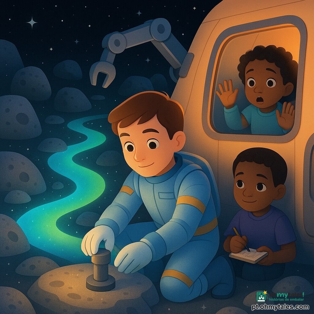 Um homem, Hugo, rosto jovem de traços suaves, olhos atentos e sorriso calmo, veste um fato espacial azul-claro com faixas douradas; ajoelhado junto a um pequeno detector cilíndrico que fixa com luvas numa rocha plana; uma menina de cerca de 10 anos, cabelos curtos e encaracolados, observa maravilhada pela janela do nave, mãos na vidraça, à direita de Hugo; um menino de cerca de 9 anos sorri timidamente e desenha luzes sinalizadoras num caderno, sentado à esquerda de Hugo; cenário de campo de asteroides com rochas cinzentas crateradas, veios minerais brilhantes e uma trilha luminosa azul-esverdeada entre as pedras; céu espacial negro com estrelas pálidas; braço robótico da nave recolhido atrás de Hugo, pequenas faíscas de poeira estelar no ar, atmosfera calma, cores suaves e iluminação lateral dourada das balizas.