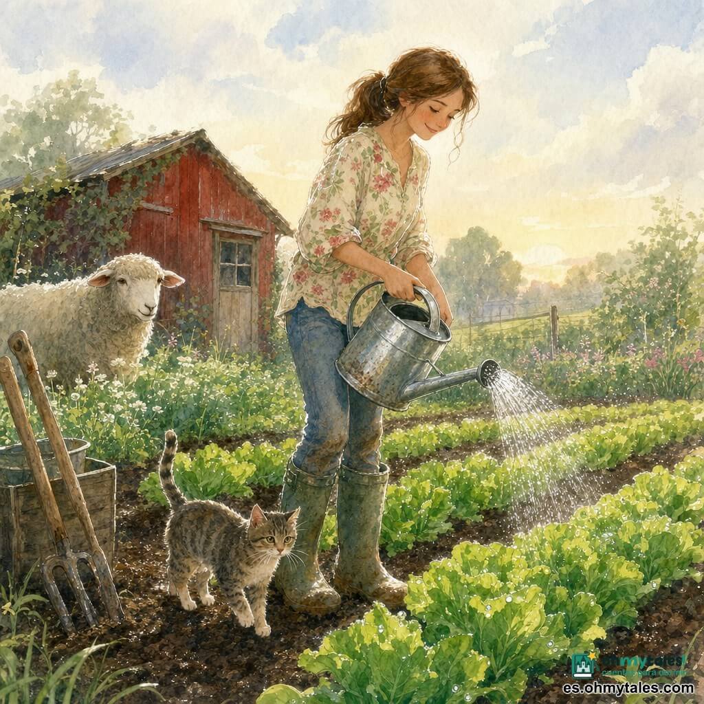 Clara, sonriente y serena, con coleta, blusa de flores y botas de goma embarradas, riega hileras de lechugas con una regadera metálica; un gato atigrado llamado Mote, pequeño y curioso, se cuela entre sus botas en primer plano; a la izquierda, una vieja oveja blanca observa desde el borde del huerto; escena en un huerto de granja al amanecer con hojas mojadas, suelo húmedo, una caseta de madera roja y cielo pálido; ambiente de luz suave, gotas relucientes en las hojas y herramientas junto a ella.