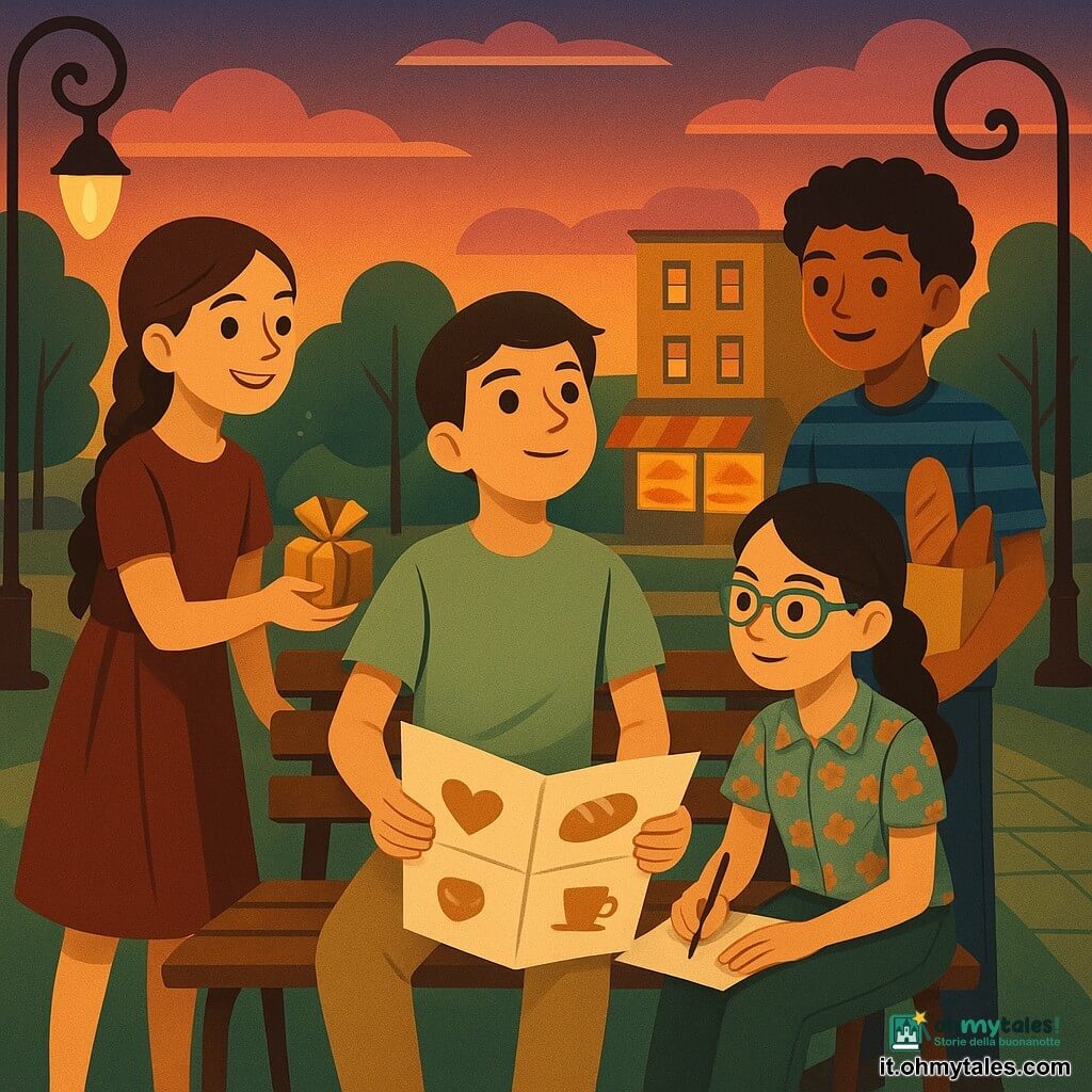 Ci sono quattro bambini riuniti su una panchina in un parco al crepuscolo mentre preparano consegne solidali prima dell'iftar: Nadir, 11 anni, ragazzo dai capelli corti castani e volto dolce, seduto al centro con una grande mappa di carta aperta che guarda il cielo; Sara, 12 anni, ragazza con treccia castana, in piedi a sinistra che sorride e porge un piccolo pacco di biscotti; Mina, 11 anni, ragazza con capelli neri raccolti e occhiali con montatura blu, seduta a destra che appuntina la mappa e guarda le nuvole; Yusuf, 12 anni, ragazzo con capelli ricci, in piedi leggermente dietro a destra con un sacchetto di carta con del pane; lo sfondo mostra un vialetto lastricato, prato e alberi stilizzati, lampioni art déco accesi, una piccola boulangerie con vetrina calda e un cielo sfumato dall'arancione al violetto con sottili nuvole rosa, luce dorata serale e atmosfera calda e complice, la mappa mostra piccoli simboli come cuore, pane e tazza.