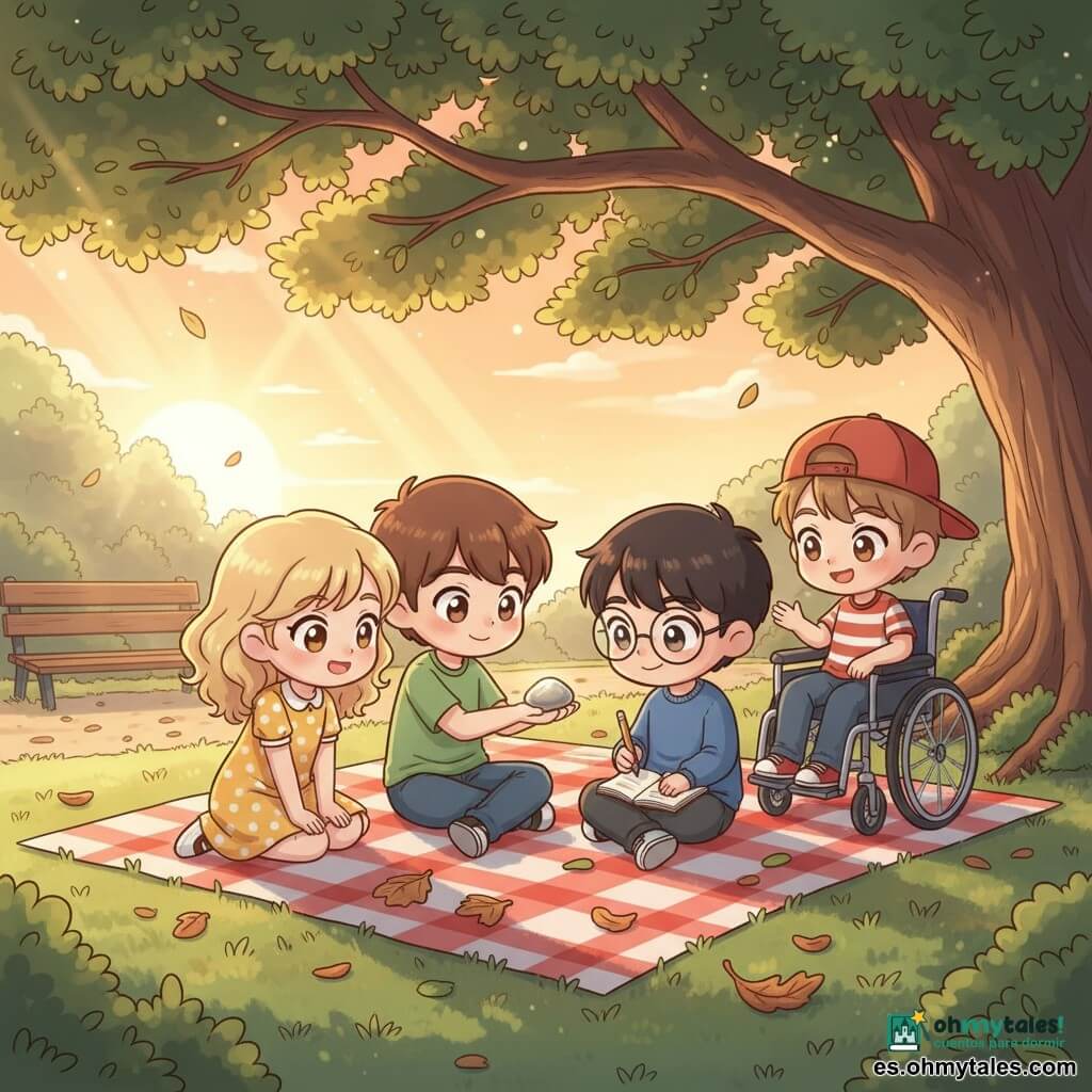 Cuatro niños de 9 años reunidos sobre una manta bajo un gran roble al atardecer: Lucas, pelo castaño corto, camiseta verde y vaqueros, sentado en el centro sosteniendo una piedra lisa y brillante que muestra a los demás; Marta, pelo rubio rizado, vestido amarillo de lunares, a la izquierda, inclinada y sonriente; Jaime, pelo negro y gafas redondas, sudadera azul, a la derecha con las piernas cruzadas y un cuaderno para dibujar la piedra; Diego, pelo castaño, gorra roja, camiseta a rayas, en silla de ruedas ligeramente atrás a la derecha, sonriendo y estirando la mano para tocar la piedra. Parque al final de la tarde con hojas verdes, césped suave, un banco y un sendero de grava al fondo, luz cálida de puesta de sol filtrándose entre las ramas; escena íntima y tierna de amistad y curiosidad en estilo chibi kawaii, colores pastel y contornos suaves, composición centrada en la piedra brillante.
