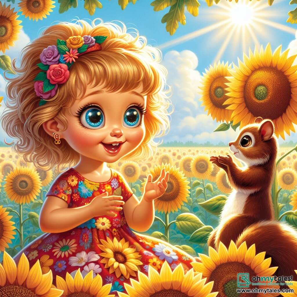In the center of the image, a 3-year-old girl named Lily, with sparkling big eyes and curly blonde hair, smiles in wonder as she listens to the flowers. She wears a colorful dress adorned with floral patterns and is sitting in a field of sunflowers, her hands reaching out to the golden petals. Next to her, a small squirrel named Oliver, about 2 years old in rodent age, wears small round glasses on his nose and has silky brown fur. He stands on a branch of an old oak tree, watching Lily with a wise smile and his paws crossed. The setting is a vast sunflower field, illuminated by bright sunlight, with tall golden flowers gently swaying in the breeze. In the background, a light blue sky is dotted with fluffy white clouds, creating a peaceful and joyful atmosphere. The main scene shows Lily asking a question to the sunflowers, her eyes shining with curiosity, while Oliver, the wise squirrel, encourages her to listen to the flowers' answers, creating a magical moment of discovery and learning.