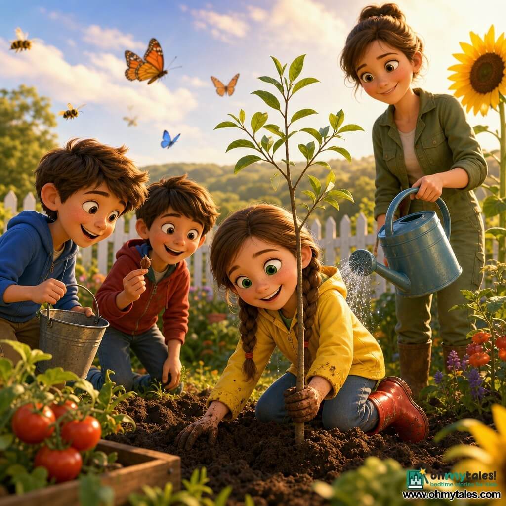 An 8-year-old girl, enthusiastic and smiling, light brown hair in two braids, bright green eyes, wearing a yellow jacket and red rubber boots, kneels to plant a young tree in dark soil, her hands muddy and her face hopeful; behind her a calm, kind ~35-year-old mother with brown hair in a bun and an olive gardening outfit holds a blue watering can ready to water; two curious neighboring boys (~9) stand a few steps to the left, one with a small bucket, the other showing a seed, all smiling; the bright backyard garden has neat beds with red tomatoes, giant sunflowers, colorful butterflies and buzzing bees, a white wooden fence and green hills under a golden late-afternoon sky, warm optimistic mood, fresh soil and sparkling water droplets, saturated colors and soft 3D animated-film textures.