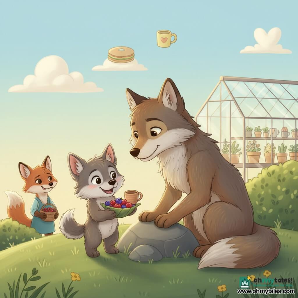Fluffy grey wolf pup with a joyful, proud expression, bright eyes and pointed ears, holding a leaf bowl of colorful berries (red, blue, a purple one in the center) and a small clay cup, standing by a rock; mother wolf, large and gentle with warm grey fur tinged brown, tender gaze and calm smile, sitting beside him and leaning in to receive the gift with a paw on his shoulder; Aunt Juniper, a red fox with mischievous eyes, stands by a bush in the background holding a berry basket and watching with amused pride; a glass greenhouse with a tiled glass roof reflecting the sky and pots of flowers and herbs inside sits further back with golden light filtering through; grassy hill at sunrise with green grass, yellow flowers and a pale blue sky dotted with softly shaped clouds; the moment is a warm, intimate Mother's Day scene as the pup offers homemade breakfast and a poem, rendered in saturated pastels, soft gradient shadows and slightly plush fur textures, centered composition and welcoming, readable expressions.