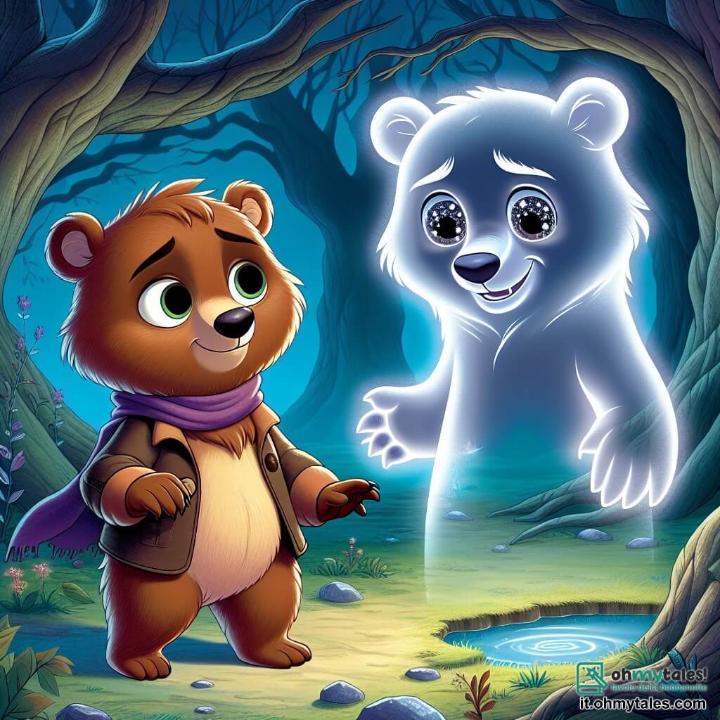 Un giovane orso di nome Leo, con un morbido manto marrone cioccolato, si trova al centro di una radura misteriosa, i suoi grandi occhi rotondi pieni di meraviglia e apprensione. Osserva con curiosità un'ombra eterea che prende forma davanti a lui, un altro orso traslucido con occhi scintillanti come stelle, che gli sorride dolcemente, trasmettendo un'aura di saggezza e conforto. La radura è circondata da alberi imponenti con tronchi nodosi, le cui foglie scure creano un gioco di ombre inquietanti sul terreno. Una dolce luce lunare illumina la scena, facendo brillare una piccola fonte al centro della radura, dove l'acqua scintilla come diamanti. Nonostante la paura, Leo si avvicina all'ombra, pronto a scoprire il segreto di questo incontro misterioso. L'atmosfera è sia magica che leggermente inquietante, catturando l'essenza di un'avventura che mescola curiosità e brividi.