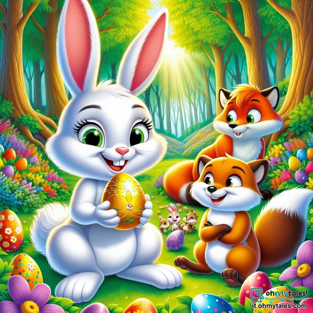 Un giovane coniglio di nome Tito, con un pelo bianco splendente e grandi orecchie dritte, è seduto su un tappeto di fiori colorati, un sorriso radioso illumina il suo volto. Tiene un uovo di Pasqua dorato tra le zampe, gli occhi brillanti di eccitazione e curiosità. Accanto a lui, una volpe astuta di nome Lila, con un pelo arancione vivace e una coda folta, osserva l'uovo con meraviglia, gli occhi scintillanti di gioia. Un castoro di nome Bruno, robusto e con un pelo marrone, si appoggia all'indietro, le zampe sui fianchi, mostrando un sorriso orgoglioso mentre ammira il lavoro di squadra. La scena si svolge nella radura centrale della foresta di Arcobaleno, circondata da alberi maestosi con foglie verdi vibranti, creando un'atmosfera magica e gioiosa. Tito e i suoi amici celebrano la Pasqua, circondati dai loro uova decorate, condividendo risate e storie, mentre il sole splende sopra, illuminando la loro gioiosa amicizia.
