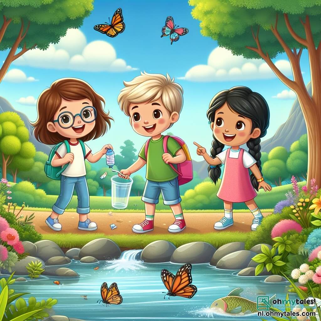 Drie kinderen zijn aanwezig: Emma, een 8-jarig meisje met bruin haar en een bril, die glimlacht en een kleurrijke rugzak vasthoudt; Lucas, een 9-jarige jongen met rommelig blond haar, die een groene t-shirt draagt en een plastic bekertje vasthoudt om afval op te rapen; en Noor, een 8-jarig meisje met gevlochten zwart haar, gekleed in een roze jurk, die met haar vinger naar een mooie vlinder wijst die bij hen vliegt. Ze bevinden zich aan de oever van een klein water in een prachtig natuurpark, omringd door weelderig groen, kleurrijke bloemen en majestueuze bomen. De lucht is blauw en zonnig, en vogels zingen in de takken. De kinderen zijn bezig met het oprapen van afval van de grond, met glimlachen op hun gezichten, terwijl ze de schoonheid van de natuur om hen heen bewonderen. Vissen zwemmen in de rivier en vlinders fladderen om hen heen, wat een vrolijke en uitnodigende sfeer creëert.