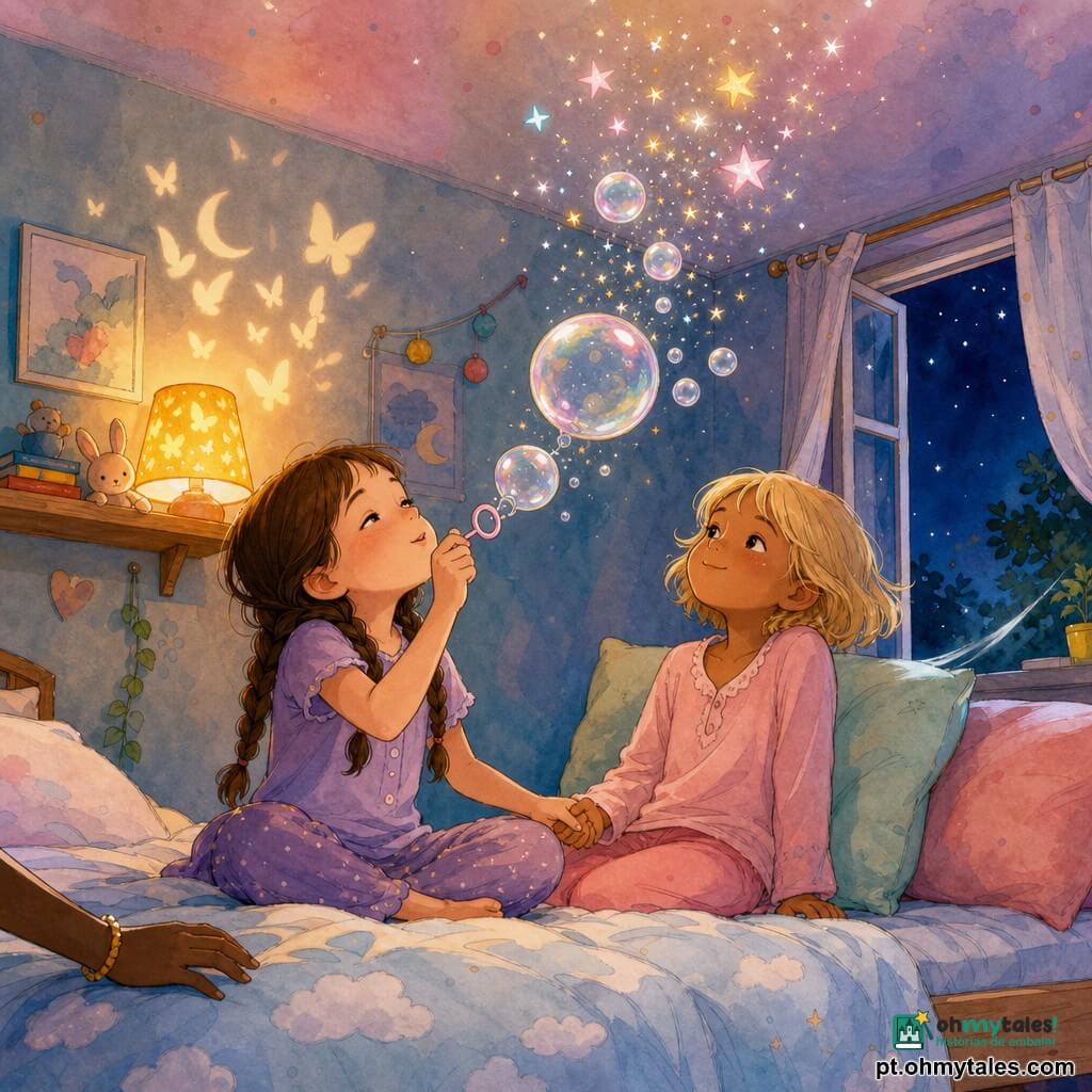Duas meninas de cerca de 6 anos: à esquerda, cabelo castanho em duas tranças, olhos risonhos, sentada na cama segurando uma pequena varinha de bolha e soprando uma bolha iridescente; à direita, cabelo loiro curto, sorriso suave, encostada num travesseiro em tons pastéis, segurando a mão da primeira e observando as bolhas subirem; quarto infantil pequeno e acolhedor com paredes em tons pastéis, estante de madeira clara com uma pequena lâmpada que projeta luz âmbar e sombras de borboletas e luas, coberta de algodão com padrão de nuvens e janela entreaberta com brisa noturna; bolhas de sabão translúcidas refletem halos rosas, azuis e dourados, sobem ao teto e se transformam em pequenas estrelas cintilantes, criando uma atmosfera calma e reconfortante.
