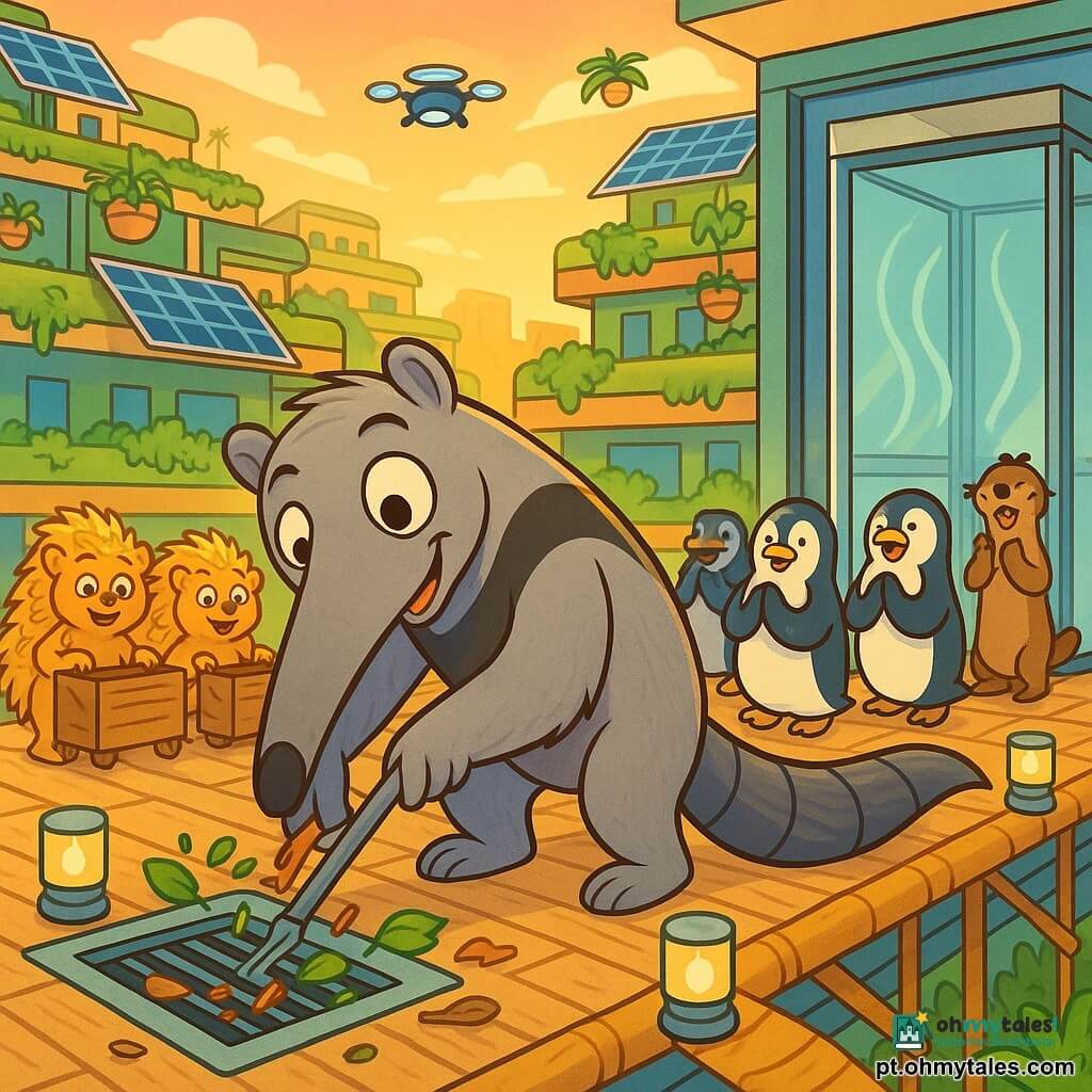Nilo, um tamanduá-bandeira amigo e curioso de focinho longo e pelagem gris clara, sorri enquanto limpa uma saída de ar, retirando folhas e pequenos objetos; atrás dele, um grupo de ouriços-dourados alinhados empurra caixas, surpresos e agradecidos; pinguins e lontras formam uma fila colorida junto a um grande elevador de vidro, aplaudindo e segurando pequenas lanternas solares; cenário: rua-terraceada futurista com edifícios em escada cobertos de vegetação, jardineiras suspensas, painéis solares, passarelas de bambu e drones luminosos no ar; situação: limpeza colaborativa de uma boca de ventilação bloqueada em clima de crepúsculo, ar visível em leves ondas, cores vivas e mistura de texturas naturais e elementos tecnológicos.