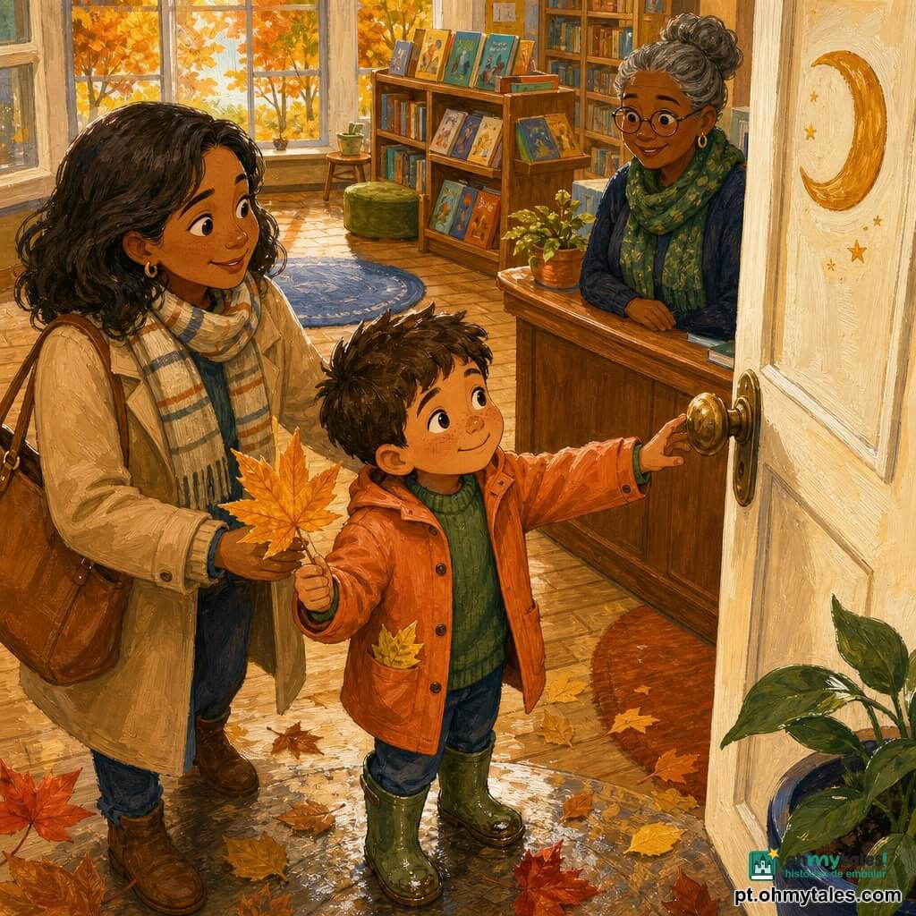 Um menino de 6 anos, rosto redondo com sardas, cabelo castanho curto, expressão curiosa e orgulhosa, segura uma grande folha em forma de estrela na mão direita e aproxima-se timidamente da maçaneta da porta da biblioteca; veste casaco laranja claro, suéter verde e galochas molhadas. A mãe (30–35 anos) está logo atrás, sorridente e tranquilizadora, mão esquerda no ombro do menino, casaco bege e cachecol listrado, olhando a porta com carinho. Uma bibliotecária (cerca de 50 anos) aparece no batente interno, cabelo grisalho apanhado, óculos redondos e lenço verde, postura acolhedora junto a um balcão de madeira. Entrada de uma pequena biblioteca aconchegante: chão de madeira clara que range, grandes janelas com luz dourada de outono, estantes baixas com capas coloridas, tapetes felpudos e porta com motivo de lua pintado em creme. O menino hesita na entrada iluminada, folhas amarelas e vermelhas rodopiando aos seus pés, uma folha no bolso como tesouro; ambiente suave e acolhedor, reflexos alaranjados na madeira e um pequeno baú de livros atrás da bibliotecária. Paleta de cores em tons quentes de outono — laranja queimado, amarelo mostarda, marrons suaves, verde-sálvia — com toques creme e azul-acizentado; textura de pintura acrílica, pinceladas texturizadas e iluminação suave. Estilo: ilustração infantil, formas arredondadas e simples, traços suaves, perspectiva ligeiramente oblíqua para realçar a pequenez do menino e a calorosidade do lugar.