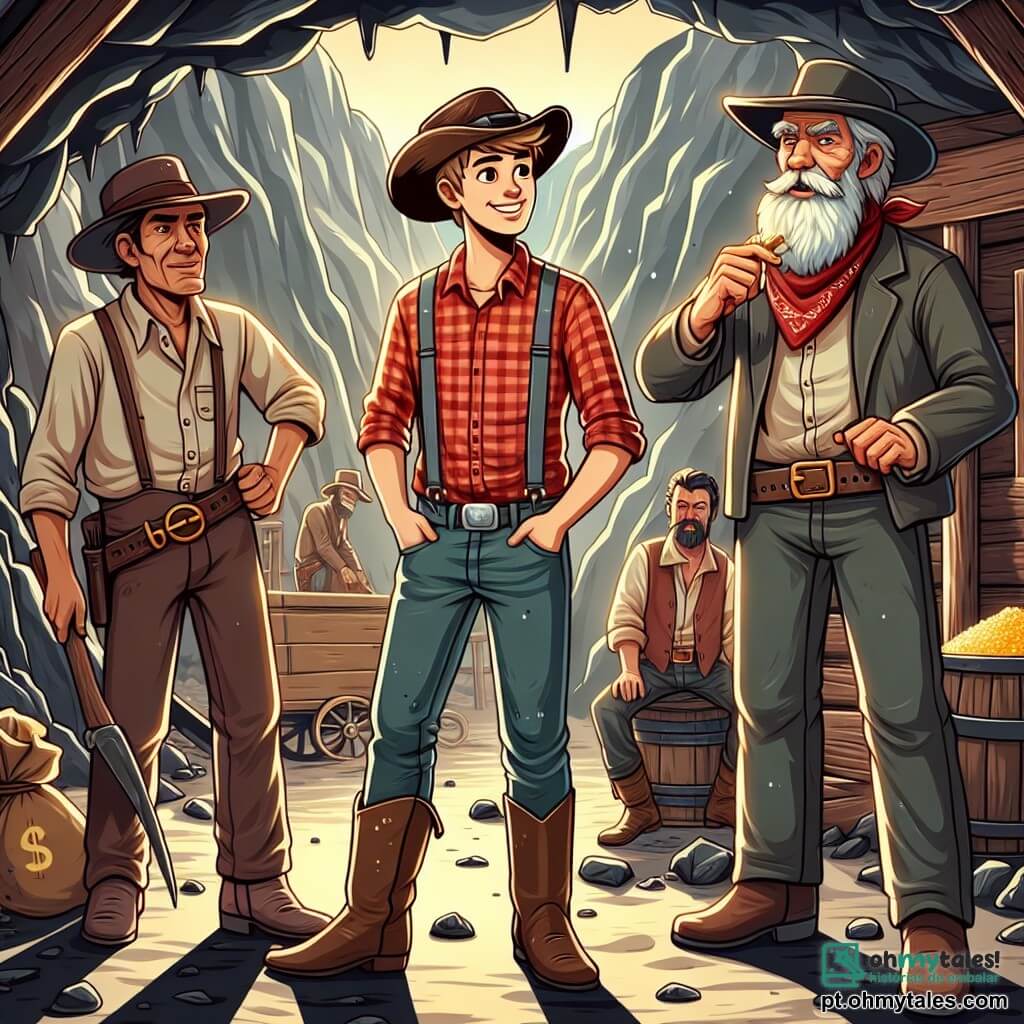 Um jovem cowboy, Jack, um homem de cerca de 20 anos, com um largo sorriso, um chapéu de cowboy desgastado e uma camisa xadrez vermelha, está no centro da cena, com os braços cruzados, exibindo uma expressão determinada e confiante. À sua direita, um velho minerador chamado Ben, um homem de cerca de 60 anos, com uma longa barba branca e um rosto enrugado, observa Jack com admiração, segurando uma picareta em uma mão e uma pepita de ouro na outra. À esquerda, Hank, um homem corpulento de cerca de 40 anos, com um olhar cético e um bandana vermelho ao redor do pescoço, está em segundo plano, com os braços cruzados, mostrando uma expressão de desconfiança, mas também de interesse. O cenário é uma mina de montanha, com paredes rochosas escuras e fragmentos de ouro brilhando na luz do sol que entra pela entrada. Ferramentas de minerador estão espalhadas ao redor, e uma luz quente ilumina a cena, criando uma atmosfera de tensão e excitação. A situação principal mostra Jack tentando convencer Ben e Hank a trabalharem juntos para explorar a mina, ilustrando a importância da amizade e da cooperação na busca por ouro.