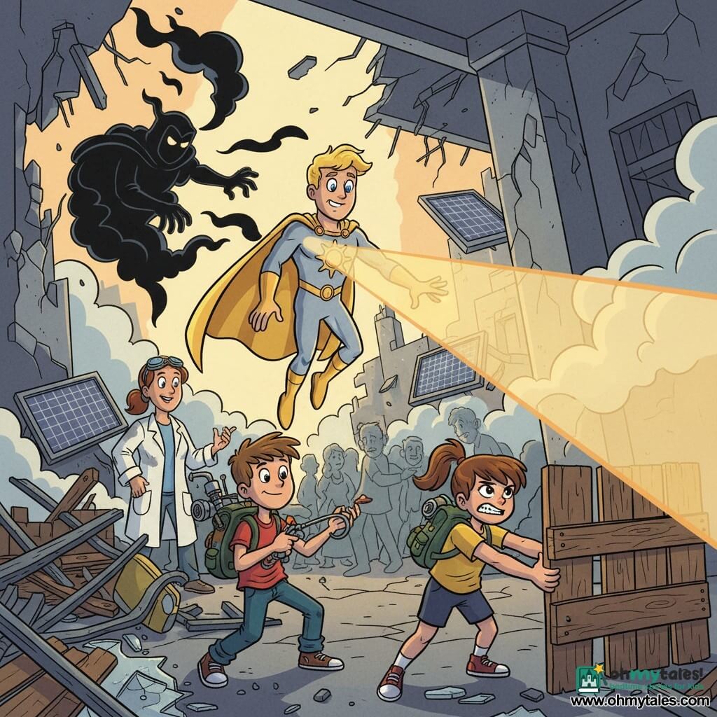 The main character is Solar Knight, a determined man with a warm smile, sun-gold hair and bright blue eyes, wearing a fitted gold-and-silver suit with a large sun emblem on his chest and a flowing cape; he hovers just above the ground, projecting a wide yellow-orange beam to light the way. A boy, Finn (about 12), with messy brown hair and a backpack of gadgets, stands near a collapsed entrance, aiming a grappling hook and directing the crowd with a mischievous but focused expression. A girl, Lucy (about 10), with a brown ponytail in sportswear and sneakers, holds an improvised barricade in the foreground, muscles tense and gaze determined. Dr. Solara (about 35), hair tied back, a soot-stained lab coat and safety glasses pushed up, stands by a half-buried solar machine, looking relieved and grateful. Shadow Master, a dark hooded figure with smoky, shadowy tendrils, lurks in the shadow of a cracked pillar trying to snuff the light. The setting is a partially collapsed urban building with twisted steel beams, shattered glass, dust and smoke, sunbeams through cracks, bent solar panels and hanging cables, with blurred citizens helping in the background. The scene is a dynamic rescue: Solar Knight opens a luminous path to guide frightened workers out while Finn and Lucy reinforce the entrance and Shadow Master attempts to extinguish the light, creating a heroic, reassuring contrast of warm light and cold shadows.