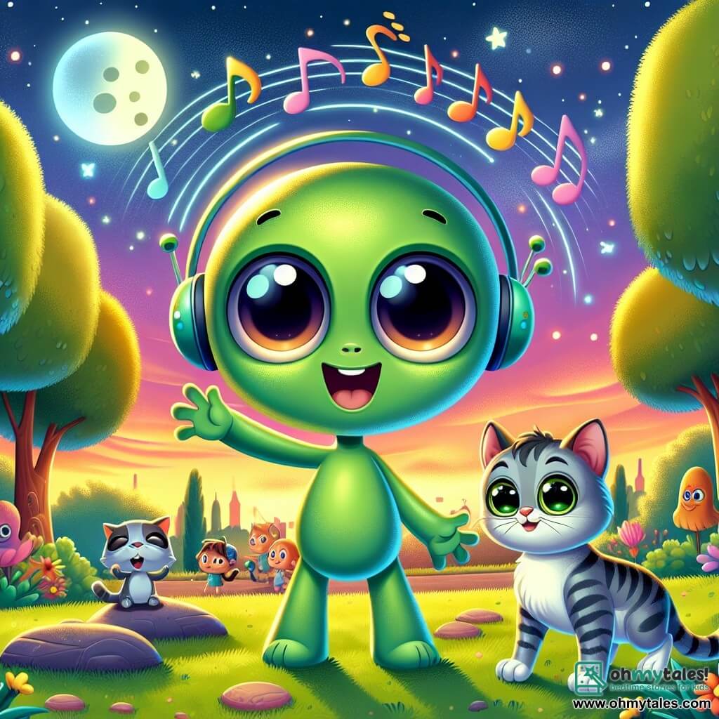An illustration depicts a small green alien with large round eyes and lively antennas, smiling widely with open arms as if in awe of Earth's wonders, standing on the grass in a park bathed in the soft light of the setting sun. Next to him, a curious tabby cat with sparkling eyes and a curled tail observes intently, standing on a stone, ready to pounce, adding a playful touch to the scene. In the background, a vibrant park filled with tall trees with bright green leaves, colorful flowers, and a sky in shades of orange and pink creates a magical and welcoming atmosphere. The main focus shows the alien and the cat discovering the sounds of the city together, with speech bubbles illustrating their joyful exchanges. Musical notes float around them, symbolizing the sounds they collect, while a group of children plays in the distance, adding life to the scene. Other graphic elements include colorful toys scattered on the grass, birds singing in the trees, and stars beginning to twinkle in the sky, heralding the arrival of night and the magic of intergalactic encounters.