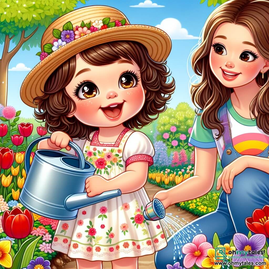 A 2-year-old girl with sparkling big eyes and curly brown hair is watering flowers in a sunny garden. She wears a light floral dress and a straw hat, and her face radiates joy and wonder. Next to her, her mother, a woman around 30 with long, smooth hair, dressed in a colorful t-shirt and jeans, smiles at her while holding a watering can. She is kneeling beside a flowerbed of multicolored blooms. The garden is filled with vibrant flowers: red tulips, yellow daffodils, and violets, under a clear blue sky dotted with a few white clouds. Lush trees surround the garden, and a gentle breeze makes the leaves dance. The little girl enjoys watering the flowers, singing happily, while her mother encourages her and admires her enthusiasm. It's a beautiful spring day, full of colors and laughter.