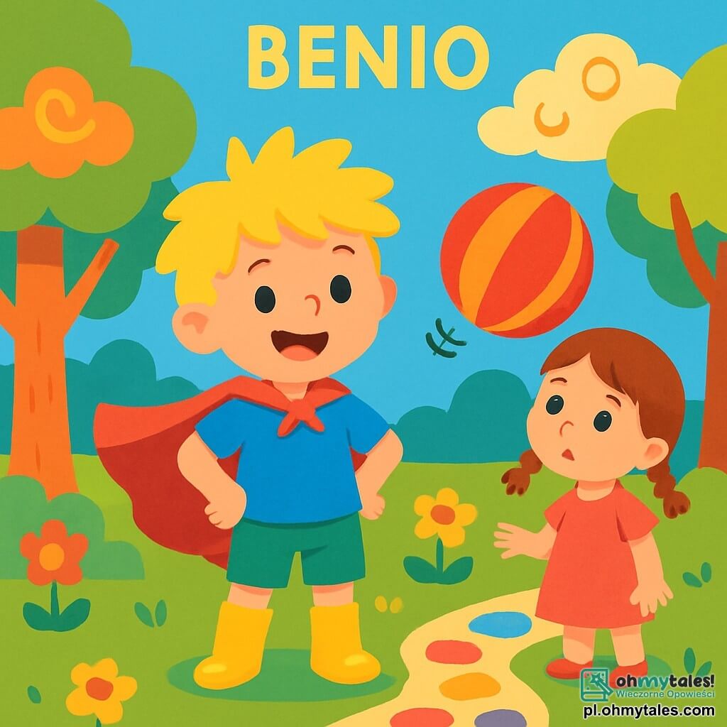 Młody chłopiec o imieniu Benio, mający około 7 lat, nosi unoszącą się czerwoną pelerynę i błyszczące żółte buty. Jego twarz rozświetla szeroki, radosny uśmiech, a blond włosy przypominają promienie słońca. Stoi w centrum kolorowego parku, otoczony dużymi drzewami o wielokolorowych pniach i jaskrawymi kwiatami. Obok niego mała dziewczynka, mająca 6 lat, z brązowymi warkoczami i różową sukienką, z ciekawością patrzy na duży balon unoszący się w powietrzu. Park jest wypełniony chmurami w kształcie cukierków i brukowanymi ścieżkami z kolorowych kamieni. Benio, zaintrygowany tajemniczym brzęczeniem, zamierza podejść do balonu, gotowy odkryć jego sekret.