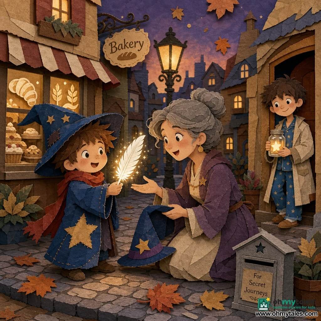 The main character is a boy apprentice wizard with a round smiling face, messy chestnut hair, an oversized hat, a blue robe with a large sewn star and a red scarf; he delicately holds a sparkling white feather and looks grateful and amazed. A key secondary character is his mistress, a 30–40-year-old woman with grayish hair in a soft bun, kneeling, holding the hat in one hand and reaching for the feather with wonder and tenderness. Another secondary is a boy called the Dreamer, about 10, in pajamas under a light coat, standing near a doorway holding a jar with a glowing star and watching with kindly mischief. The setting is a small cobbled village street at dusk in front of a bakery with frosted windows and a small gray station marked "For Secret Journeys," with wrought-iron lampposts, falling leaves and a warm paper-cutout aesthetic with cardboard textures, crumpled paper and visible layers. The scene captures the moment the apprentice offers the feather to his mistress on the sidewalk, a golden light around the feather, soft emotions, crisp silhouettes, simple shadows, cutout shapes, warm colors and gentle contrasts.