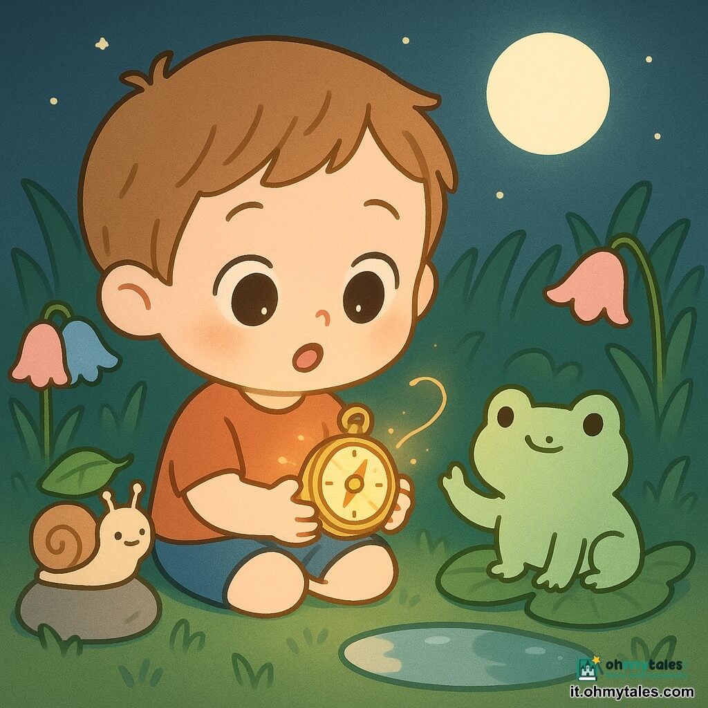 Bambino di 4 anni dall'espressione meravigliata e dolce, capelli castano chiaro corti, occhi tondi e brillanti, seduto sull'erba con una piccola bussola luminosa dorata tra le mani che guarda come un tesoro; la bussola, oggetto rotondo di luce e miele, emette un bagliore caldo e un sottile filo dorato fluttuante; accanto a una pietra una minuscola lumaca con cappello-foglia verde pallido sorride guardando la bussola; una rana verde menta, corpulenta, su una grande foglia vicino a uno stagno solleva la zampa come per salutare; giardino notturno con erba smeraldo, fiori a campanella pastello, piccolo stagno specchio e luna rotonda; scena principale calma, magica e tenera, luci calde, ombre morbide, palette pastello e forme semplici e rotonde.