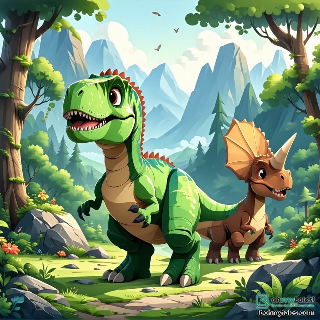 Un giovane Tyrannosaurus Rex di nome Tino, con una pelle verde brillante e occhi pieni di curiosità, si trova al centro dell'immagine, mostrando un'espressione determinata. Ha piccoli bracci muscolosi e una lunga coda che ondeggia dietro di lui, mentre guarda verso l'orizzonte, pronto per un'avventura. Alla sua destra, un triceratopo amichevole di nome Toto, con pelle marrone e corna imponenti, sta al suo fianco, sorridendo e pronto a seguirlo. A sinistra, un pterodattilo di nome Pina, con ali colorate e un becco appuntito, vola gioiosamente nell'aria, aggiungendo dinamicità alla scena. Lo sfondo è una valle preistorica, piena di vulcani fumanti e rocce scintillanti sotto il sole, con felci giganti e alberi lussureggianti sullo sfondo. La scena principale mostra Tino, Toto e Pina che si preparano a partire insieme alla ricerca dell'amico magico, simboleggiando lo spirito di avventura e amicizia che li unisce.