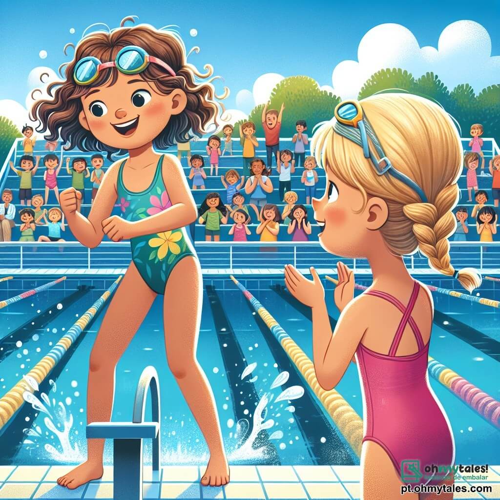 Uma menina de 10 anos, Clara, está à beira de uma piscina, com seus cabelos cacheados flutuando levemente ao vento. Ela usa um maiô colorido e óculos de natação, exibindo um grande sorriso de empolgação e determinação. Ao seu lado, sua parceira de natação, Sofia, também de 10 anos, com cabelos loiros trançados e um maiô rosa vibrante, a encoraja com um polegar para cima, mostrando seu entusiasmo. A piscina é cercada por arquibancadas cheias de espectadores, crianças e pais, todos aplaudindo e sorrindo. O céu está azul e ensolarado, adicionando uma atmosfera alegre à cena. Clara e Sofia se preparam para mergulhar na água para participar de um desafio de natação, prontas para mostrar seu espírito de equipe e amizade. As respingos de água brilham ao redor delas, simbolizando a energia e a diversão da competição.