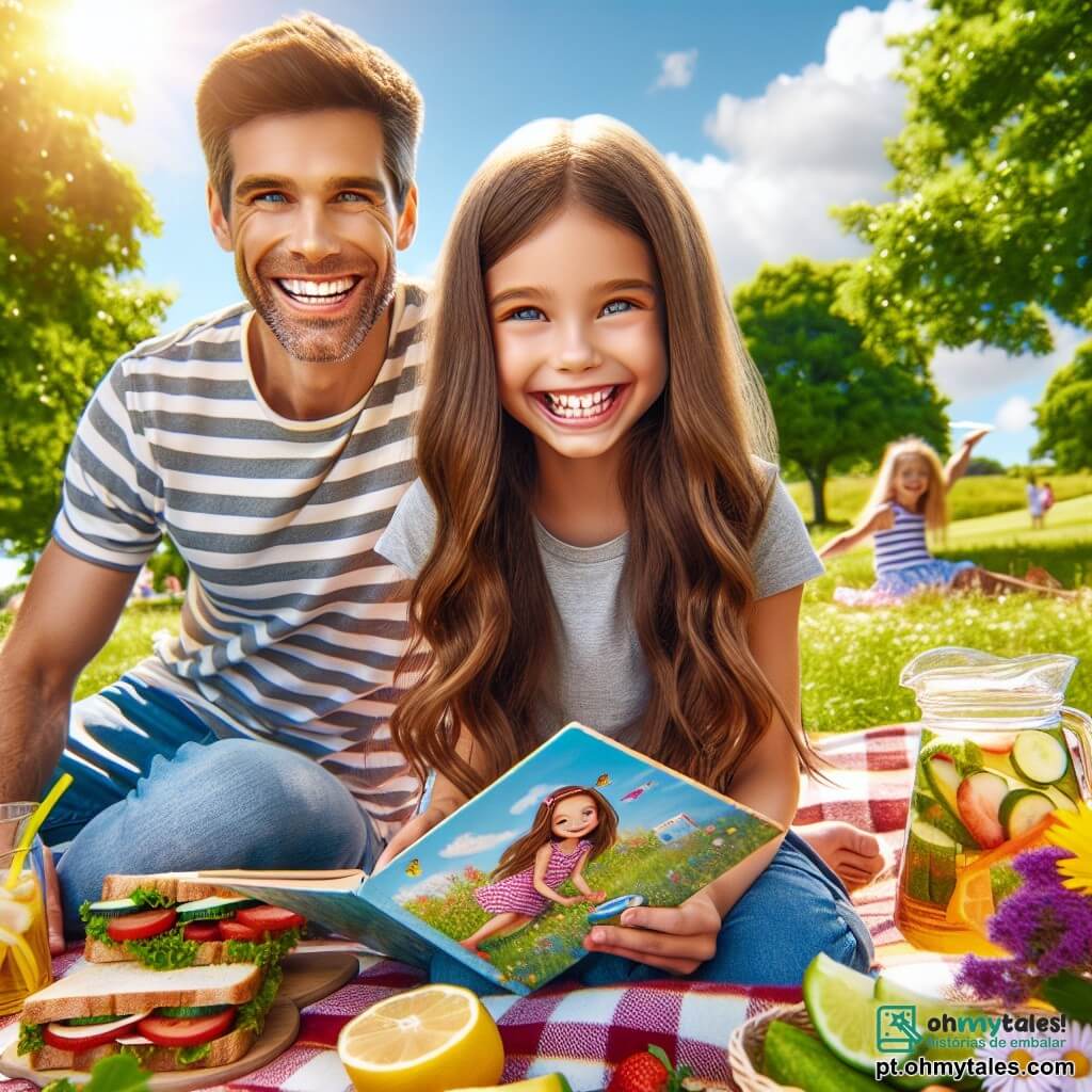 Uma menina de 8 anos, Sofia, com longos cabelos castanhos e olhos curiosos, está sentada em uma toalha xadrez colorida em um parque ensolarado. Ela sorri alegremente, cercada de deliciosos sanduíches e frutas frescas, segurando um livro ilustrado sobre tradições de verão. Ao lado dela, seu pai, um homem de trinta anos com uma leve barba e uma camiseta listrada, lança um frisbee no ar, rindo entusiasticamente. Sua mãe, uma mulher sorridente de trinta anos com cabelos castanhos presos em um coque, prepara bebidas refrescantes em um grande jarro de vidro, adicionando fatias de limão. O parque é verde, com grandes árvores de folhas brilhantes, flores coloridas espalhadas pela grama e crianças brincando ao longe. A cena mostra Sofia e sua família desfrutando de um piquenique de verão, repleto de risos e felicidade, sob um céu azul com algumas nuvens brancas.