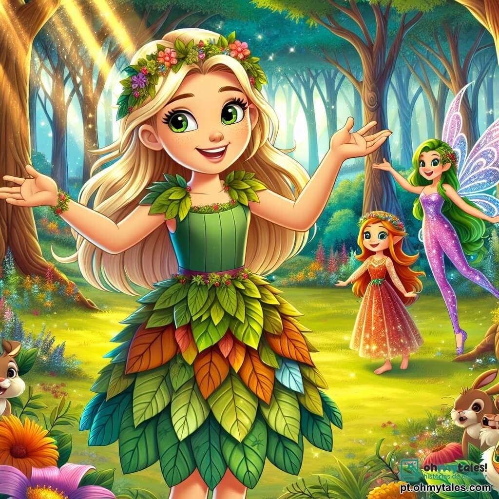 Cinderela, uma jovem de cerca de 16 anos, tem longos cabelos loiros e olhos brilhantes de curiosidade. Ela usa um vestido simples feito de folhas e flores, simbolizando sua conexão com a natureza. Ela está de pé no meio da floresta encantada, com um sorriso radiante no rosto e os braços abertos, como se estivesse acolhendo seus amigos animais. Ao seu lado, Flora, uma fada luminosa com asas cintilantes e um vestido feito de pétalas coloridas, voa alegremente ao seu redor, encorajando Cinderela com um gesto da mão. Ao fundo, uma clareira verdejante é cercada por árvores majestosas, e flores multicoloridas cobrem o chão, enquanto raios de sol penetram pelas folhas, criando uma atmosfera mágica. A cena principal mostra Cinderela e Flora reunindo animais da floresta, como coelhos e pássaros, para incentivá-los a proteger seu ambiente. Cinderela, cheia de energia e entusiasmo, explica com paixão a importância de cuidar da floresta, enquanto os animais a escutam atentamente, prontos para agir.