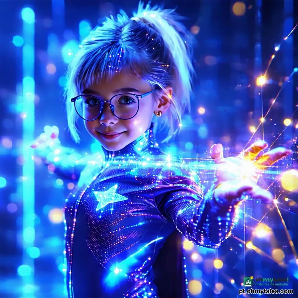Uma jovem super-heroína enérgica e serena, rosto concentrado e sorriso calmo, cabelos curtos com mecha prateada, veste um traje colante de tecido luminoso que muda de cor e mantém as mãos sobre uma grande caixa metálica brilhante redirecionando feixes de luz azul em formas geométricas douradas; uma menina de ~12 anos de óculos redondos, camiseta com desenho de planeta e rabo de cavalo observa com orgulho e segura um pequeno balde de tinta fluorescente ao lado de uma poça colorida no chão, em frente ao pedestal; um homem adulto, Doutor Prism, de sobretudo prateado e óculos espelhados, com expressão contrariada e surpresa escorrega na poça de tinta brilhante, braços no ar, caindo perto do pedestal; local: grande praça urbana noturna com barracas, estruturas de vidro e metal e um arco high-tech intitulado “Céu de Dobra” com bobinas e projetores, acima uma aurora artificial em faixas azul-esverdeadas e confetes de luz caindo; situação principal: confronto pacífico e colorido — a heroína transforma a aurora hipnótica em padrões interativos cujas formas geométricas douradas acalmam a multidão, a menina ajudou preparando uma armadilha cômica de tinta, e o vilão escorrega para fora da cena; composição dinâmica, iluminação néon, reflexos em superfícies vítreas, atmosfera festiva e resolutiva.